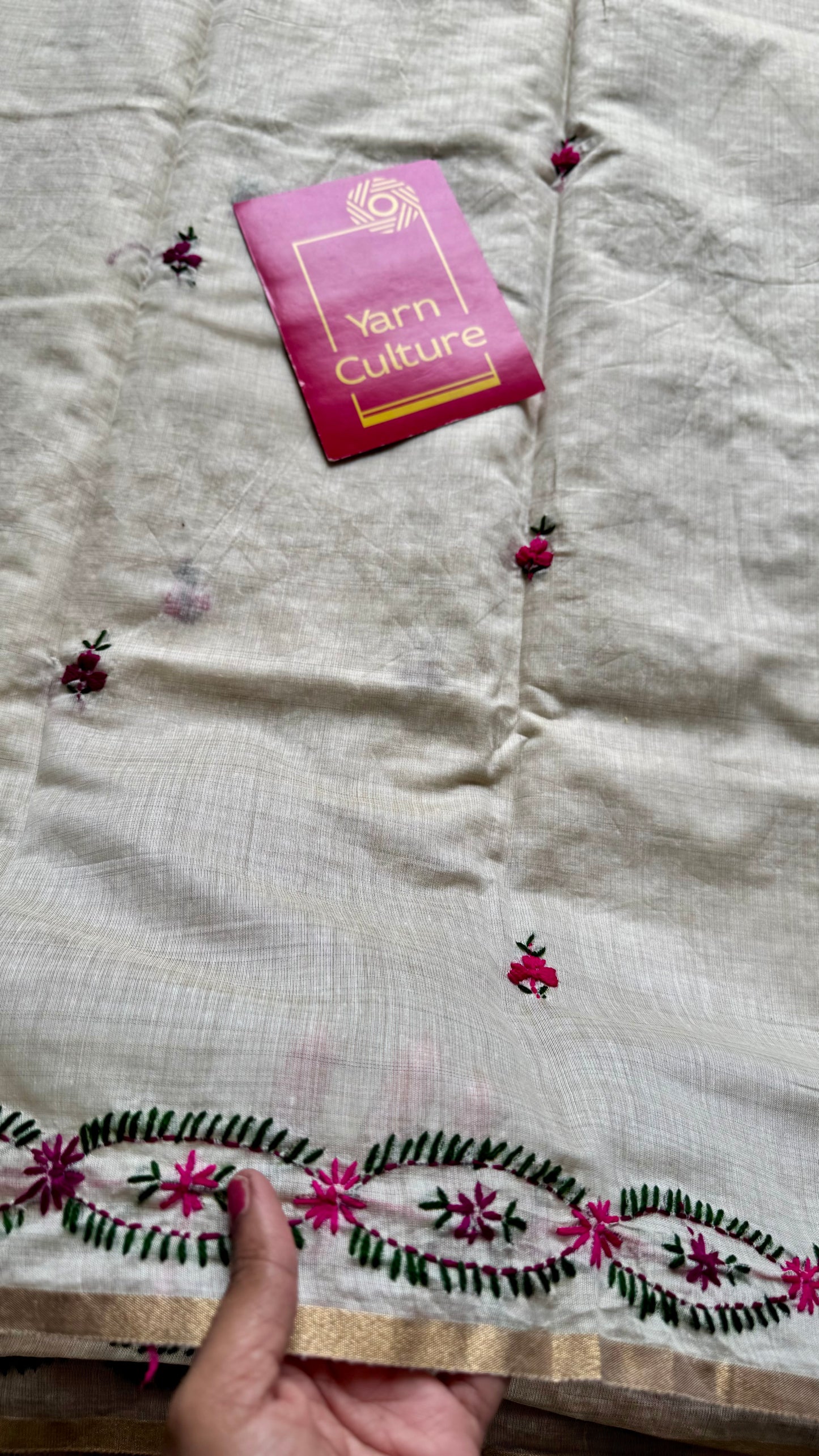 Ivory maheshwari cotton silk blend with purple and magenta floral kantha threadwork - YCBLAUMK08