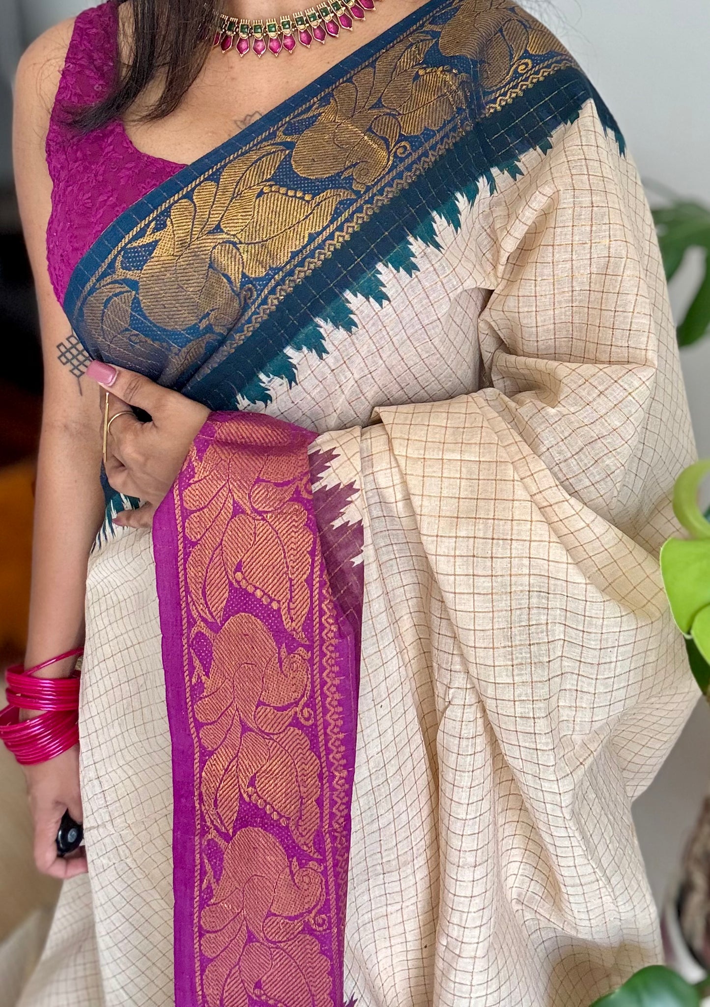 Sungudi cotton checks, ivory gold base, teal and magenta dual tone border, soft cotton - YCIEON101