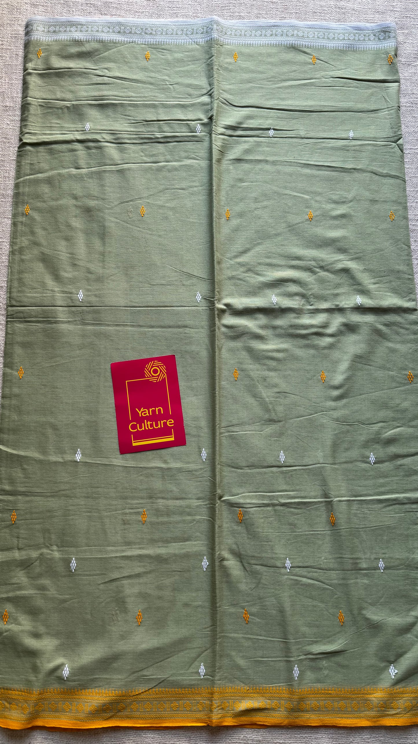 Dhonekhali handloom soft cotton saree, sage green with yellow and white woven buttas and border - YCBCDFE260