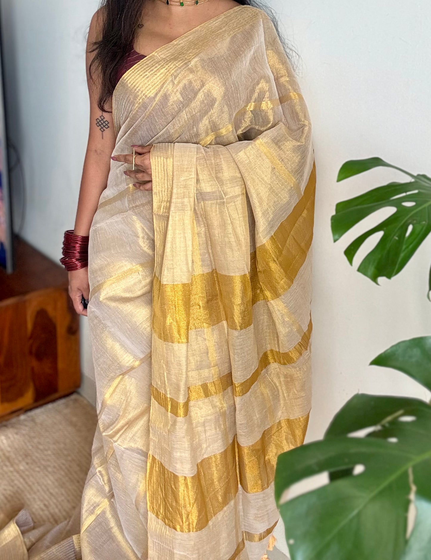 Gold mul tissue saree, gold stripes - YCIEON06
