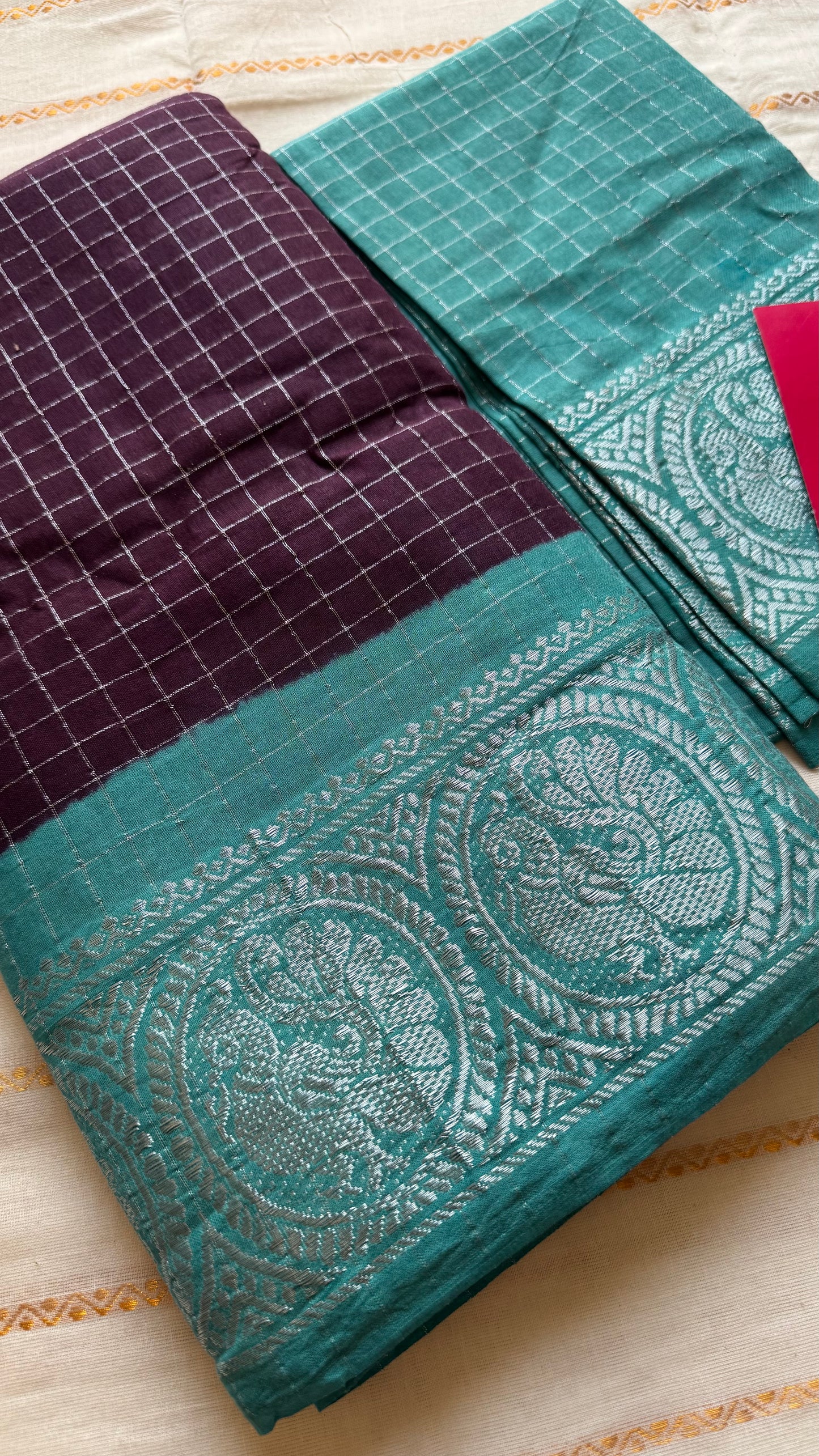 Purple brown with turquoise, silver zari checkered sungudi, kattuchayam dyed madurai cotton - YCCOTNMSAP106