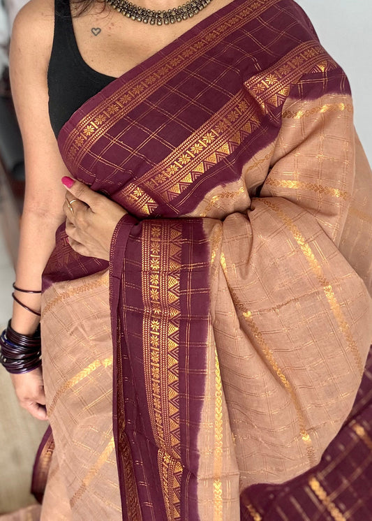 Light brown with maroon, Adayar checks with velthaari pattern, madurai cotton - YCCOTNOCSC07