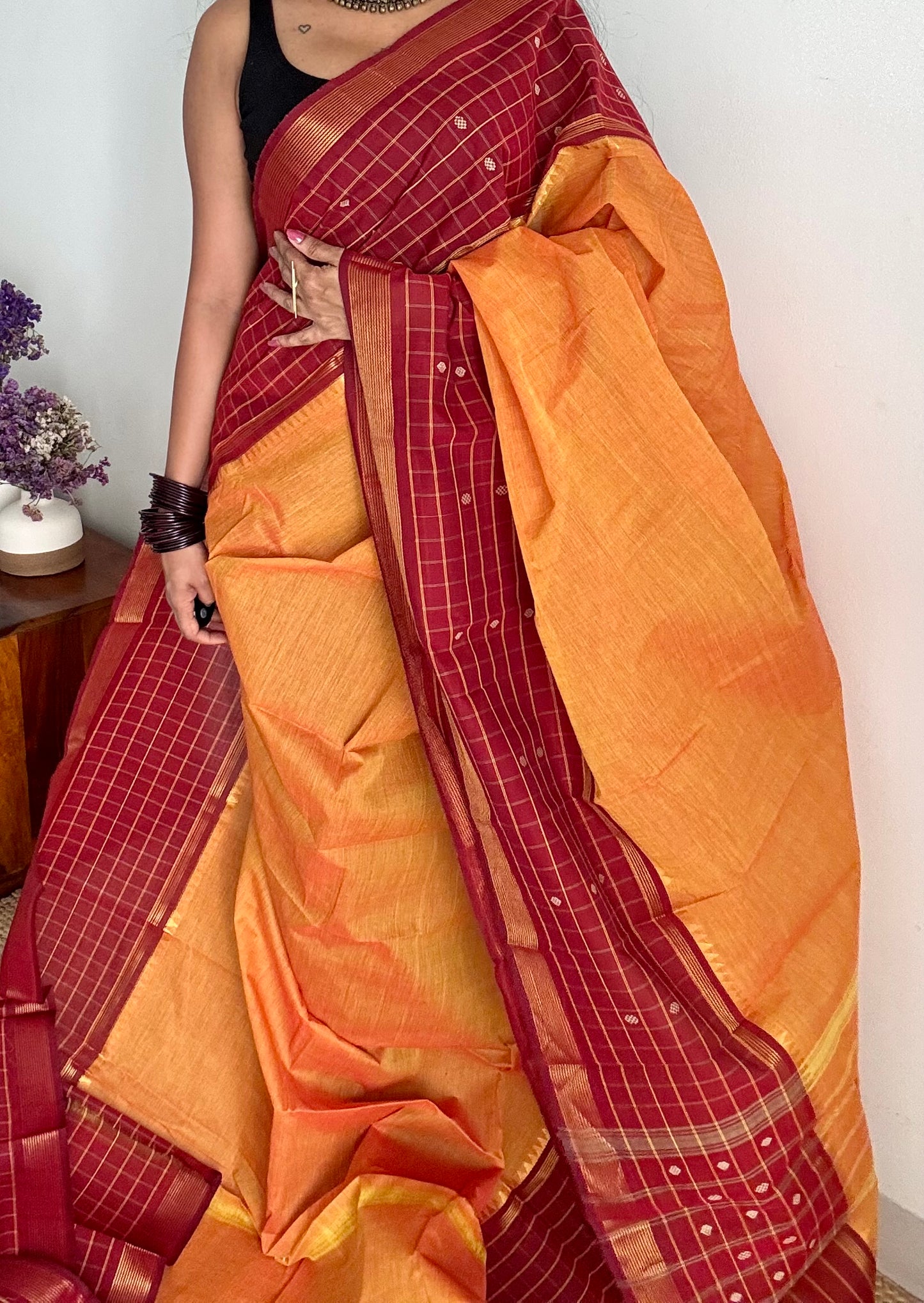 Orange and dark red contrast, Chettinad cotton saree with checkered border - YCCOTNMA268