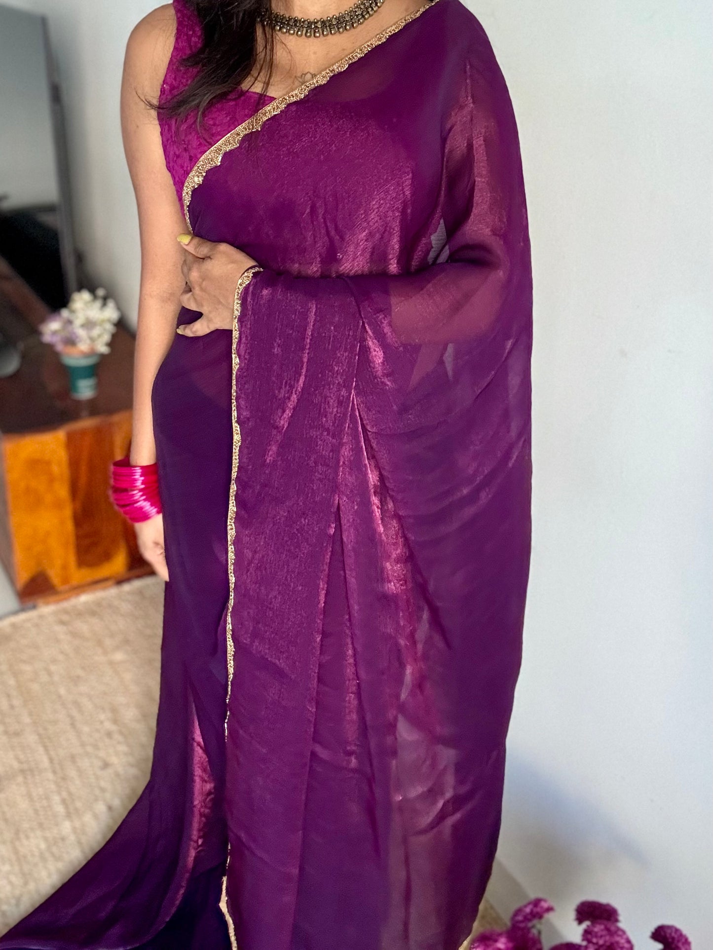 Playful Purple - royal hues, metallic dual tone space silk, embellished border - YCDOSDE62