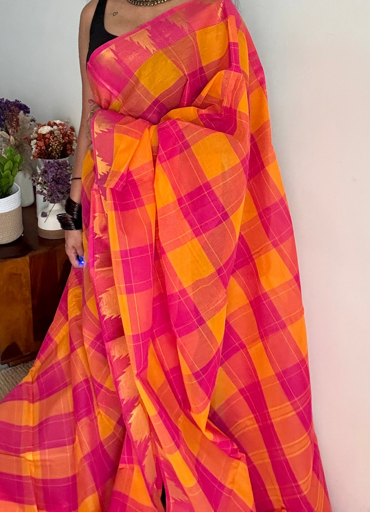 Chettinad cotton saree with yellow and pink checks, temple motif border - YCCOTNAP59