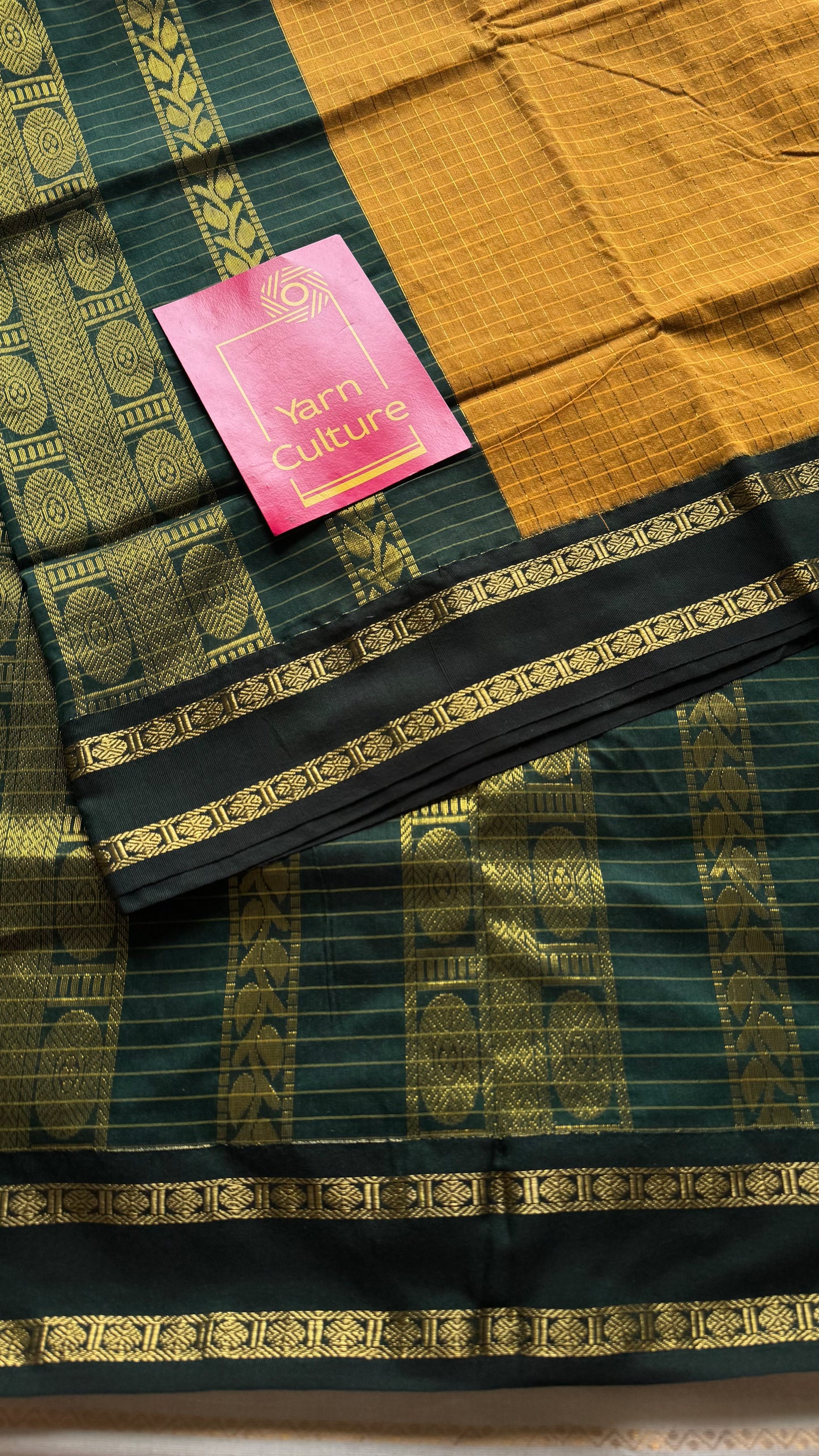 Mustard yellow with dark green contrast arani checkered saree, cotton silk - YCCOTNAUG12