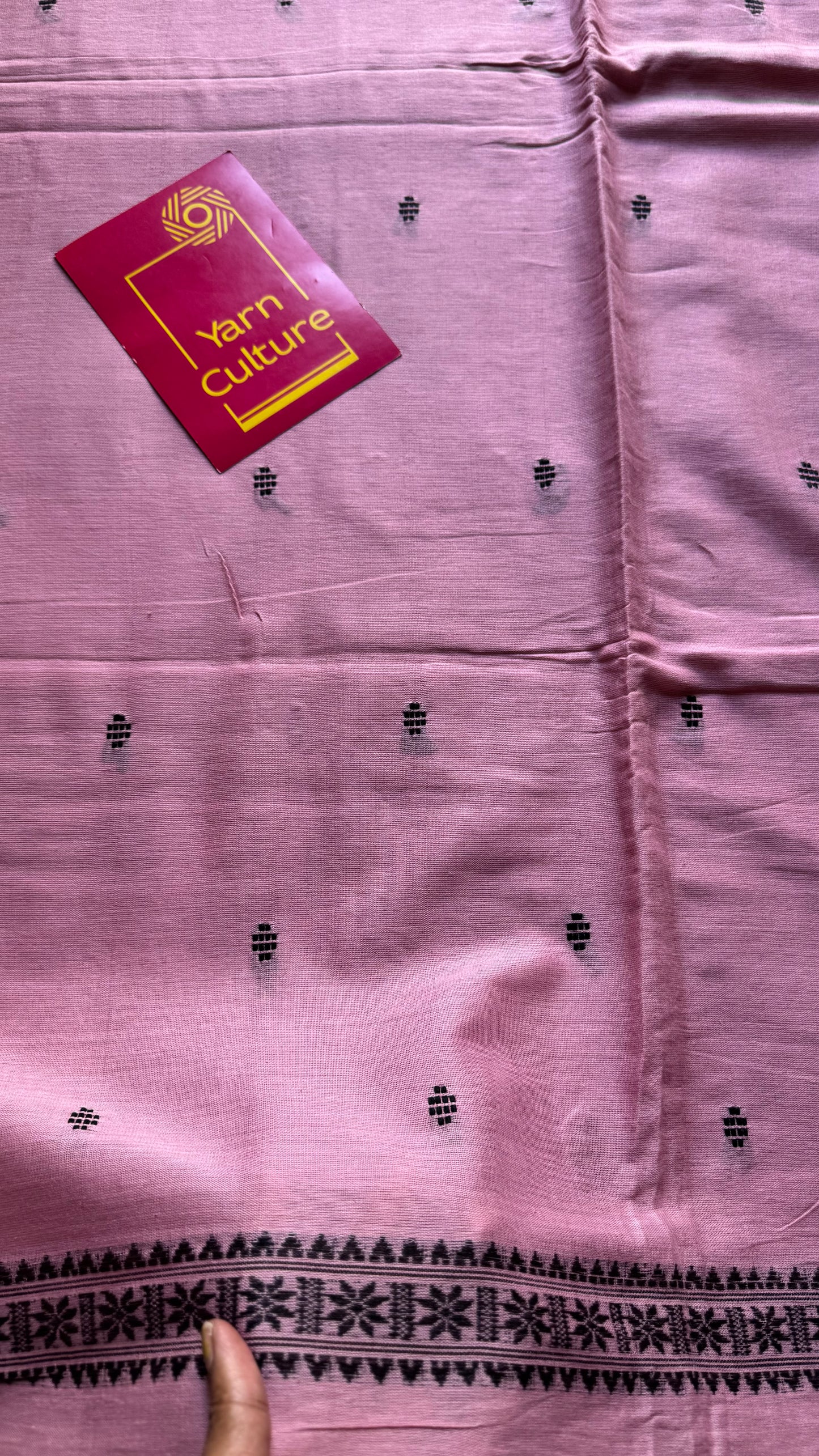 Dhonekhali handloom soft cotton saree, powder pink with black woven buttas and border - YCBCDFE249