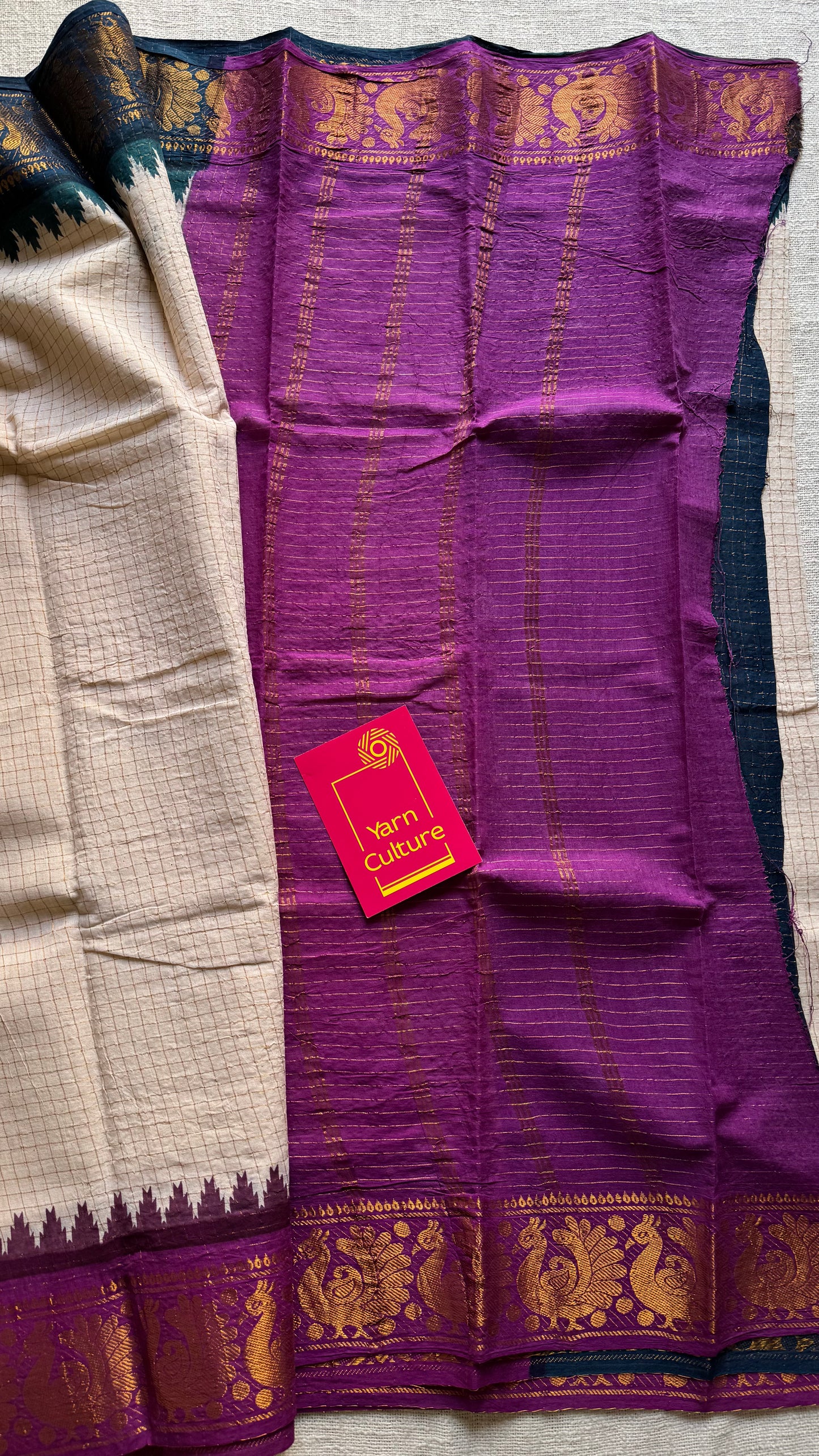 Sungudi cotton checks, ivory gold base, teal and magenta dual tone border, soft cotton - YCCOTNGJJA177