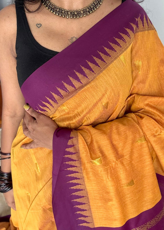 Yellow with purple pink temple border, motifs - cotton silk - YCCOTNSEKCS17