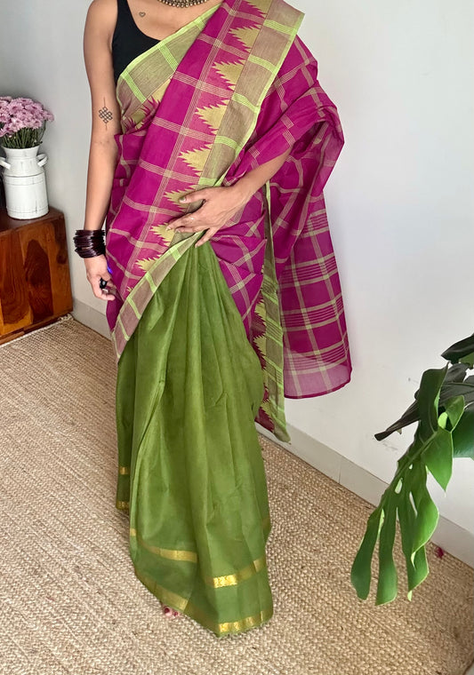 Multicoloured checks with green, sungudi and chettinad cotton half and half saree - YCCOTNIDOC149
