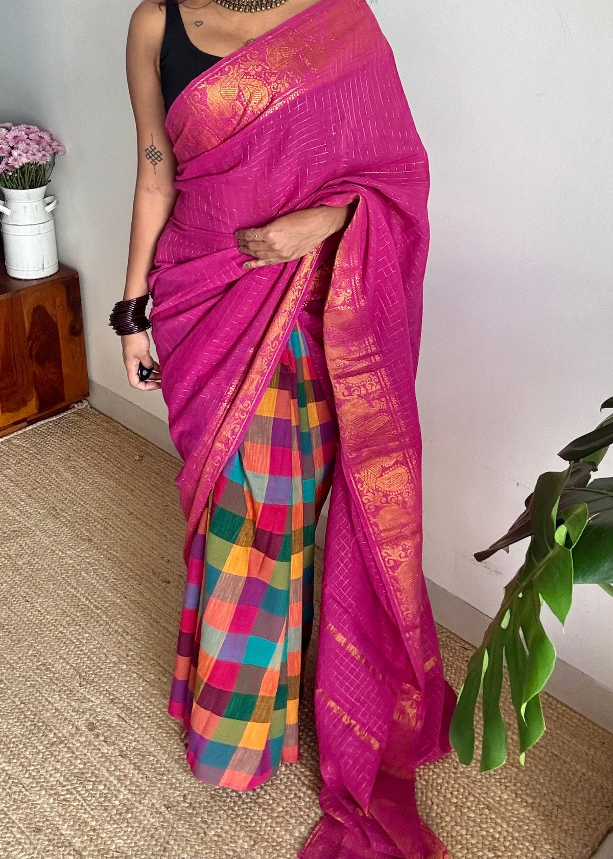 Light magenta with multicoloured madras checks, cotton half and half saree - YCCOTNIDOC159