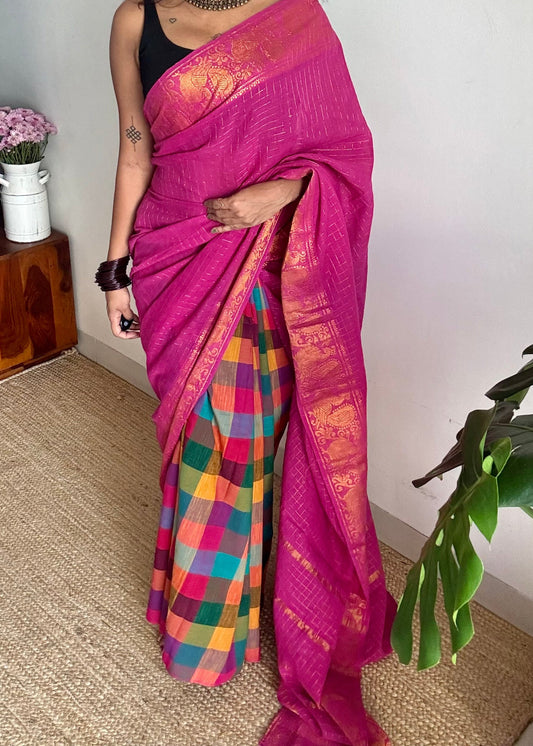 Light magenta with multicoloured madras checks, cotton half and half saree - YCCOTNIDOC159