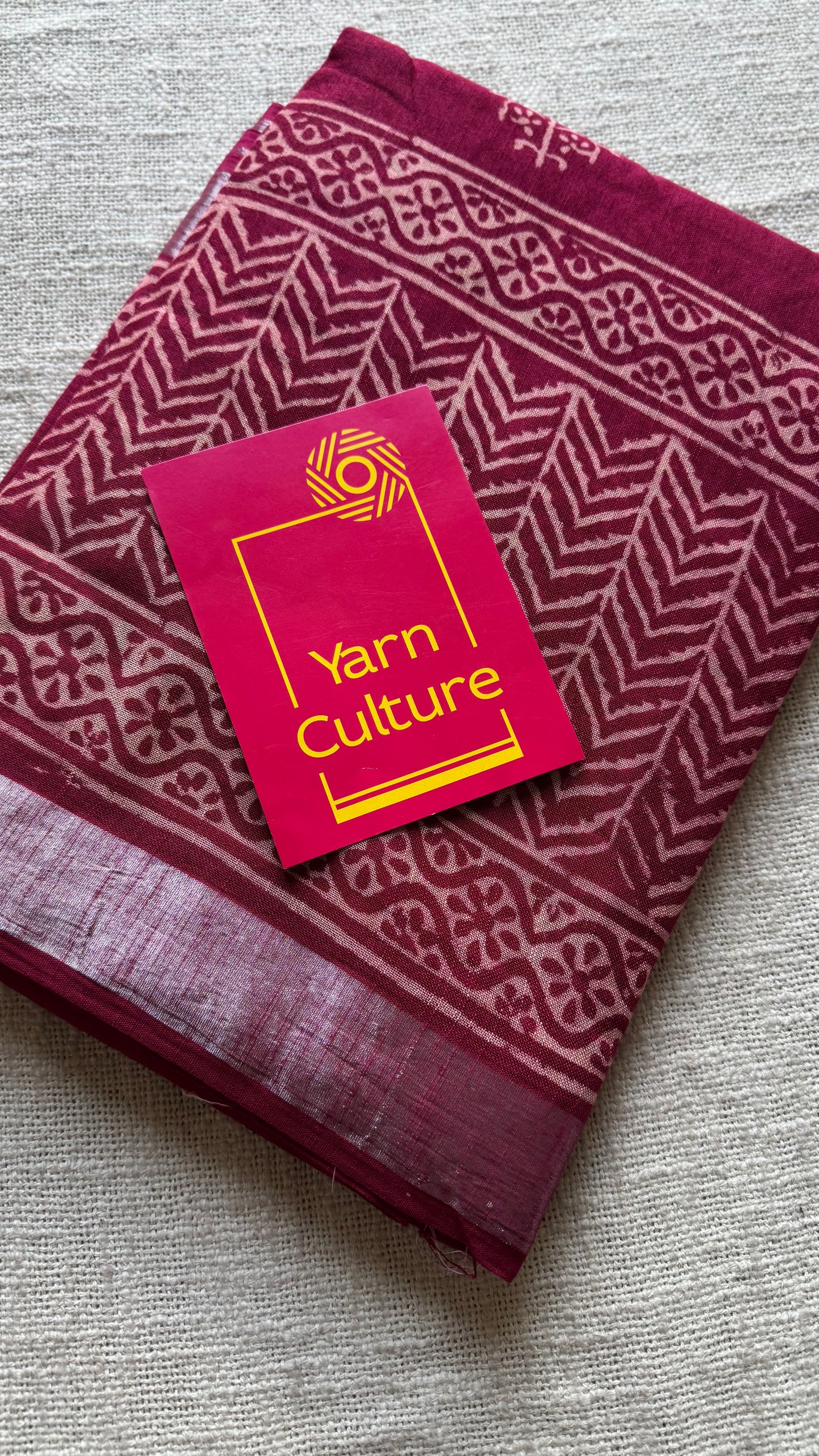 Cranberry red linen, white motif, silver zari border - YCTOROCBP60