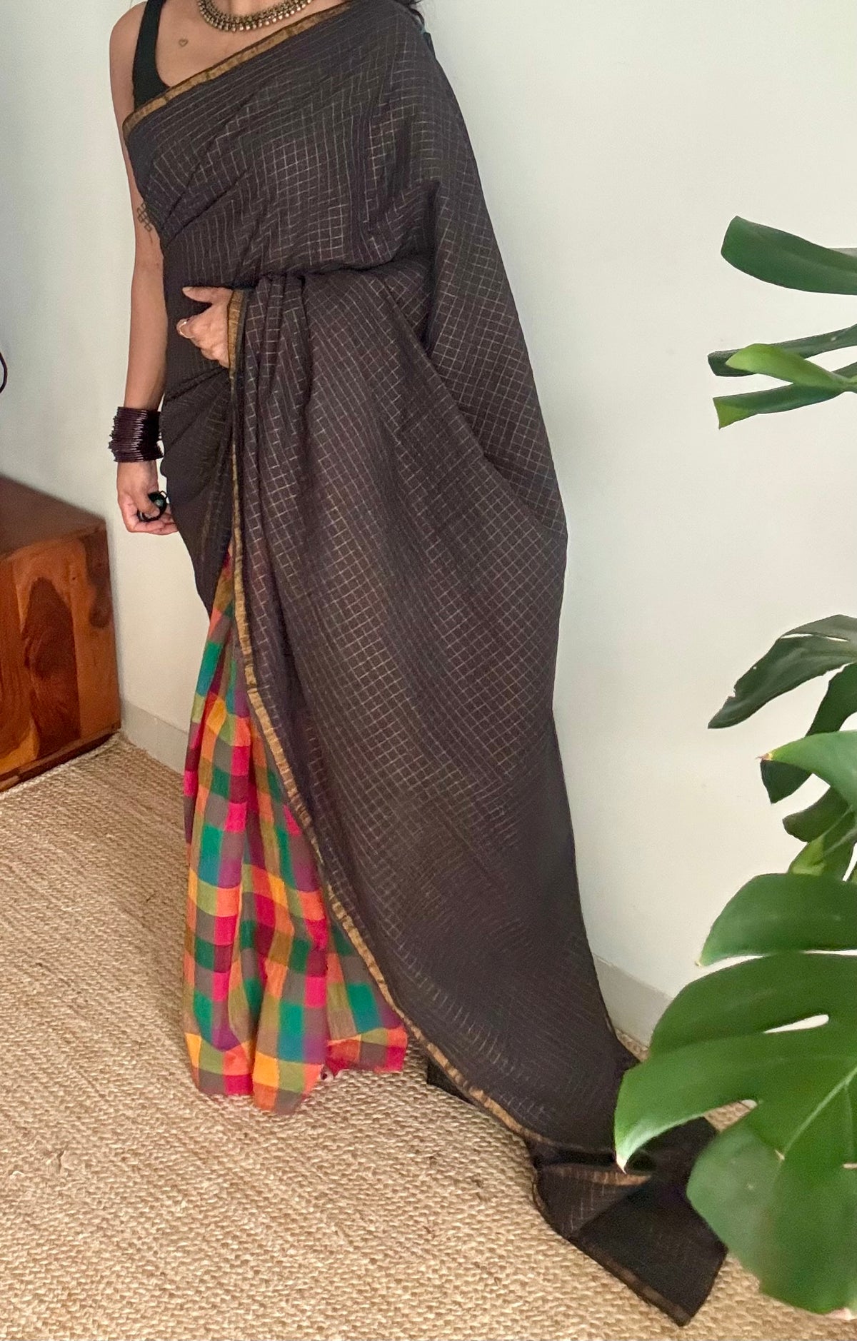 Black with multicoloured checks, cotton half-half saree - YCCOTNIDOC42