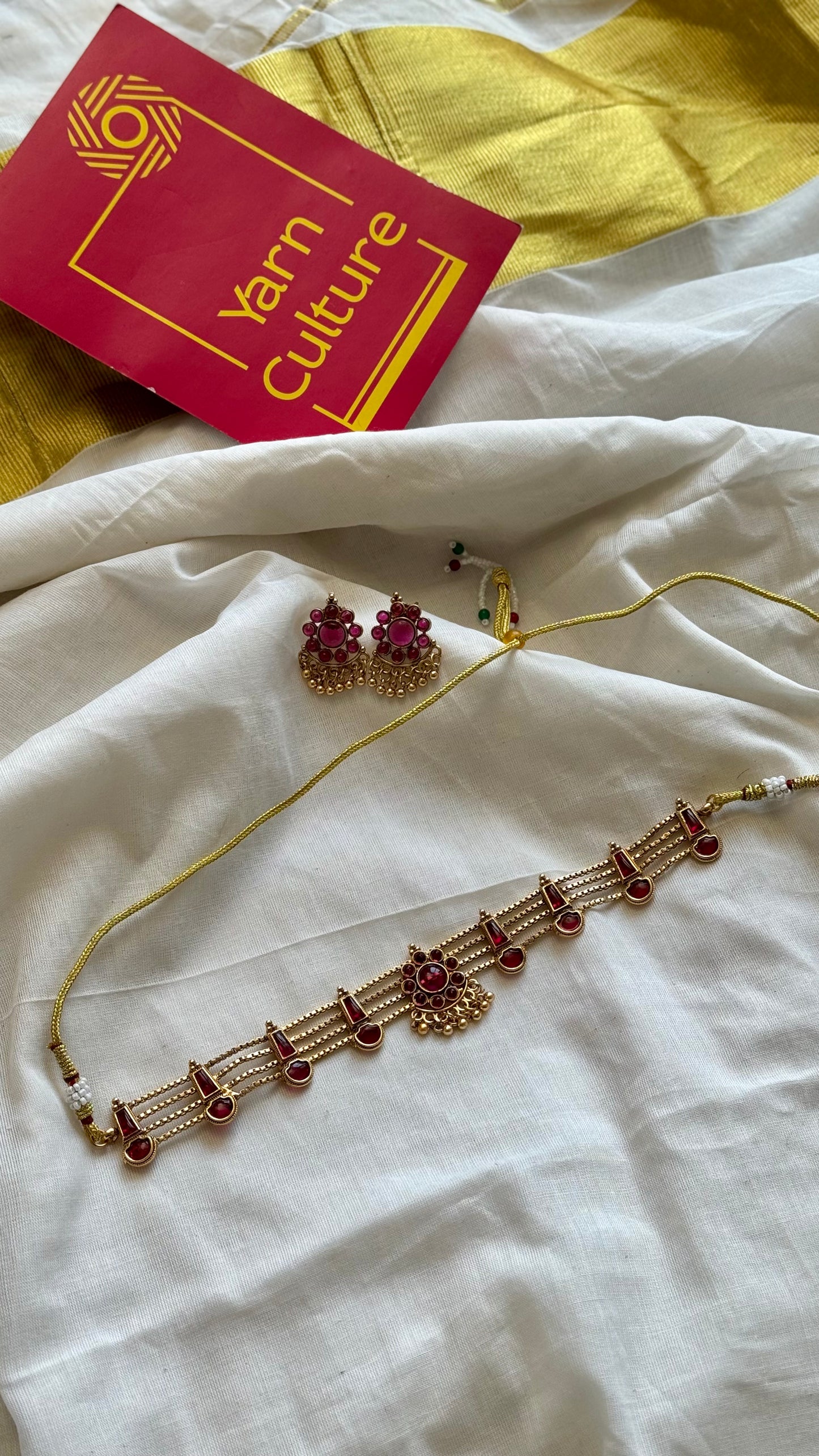 4 layered red pendant neckpiece with earrings - YCGPNP640