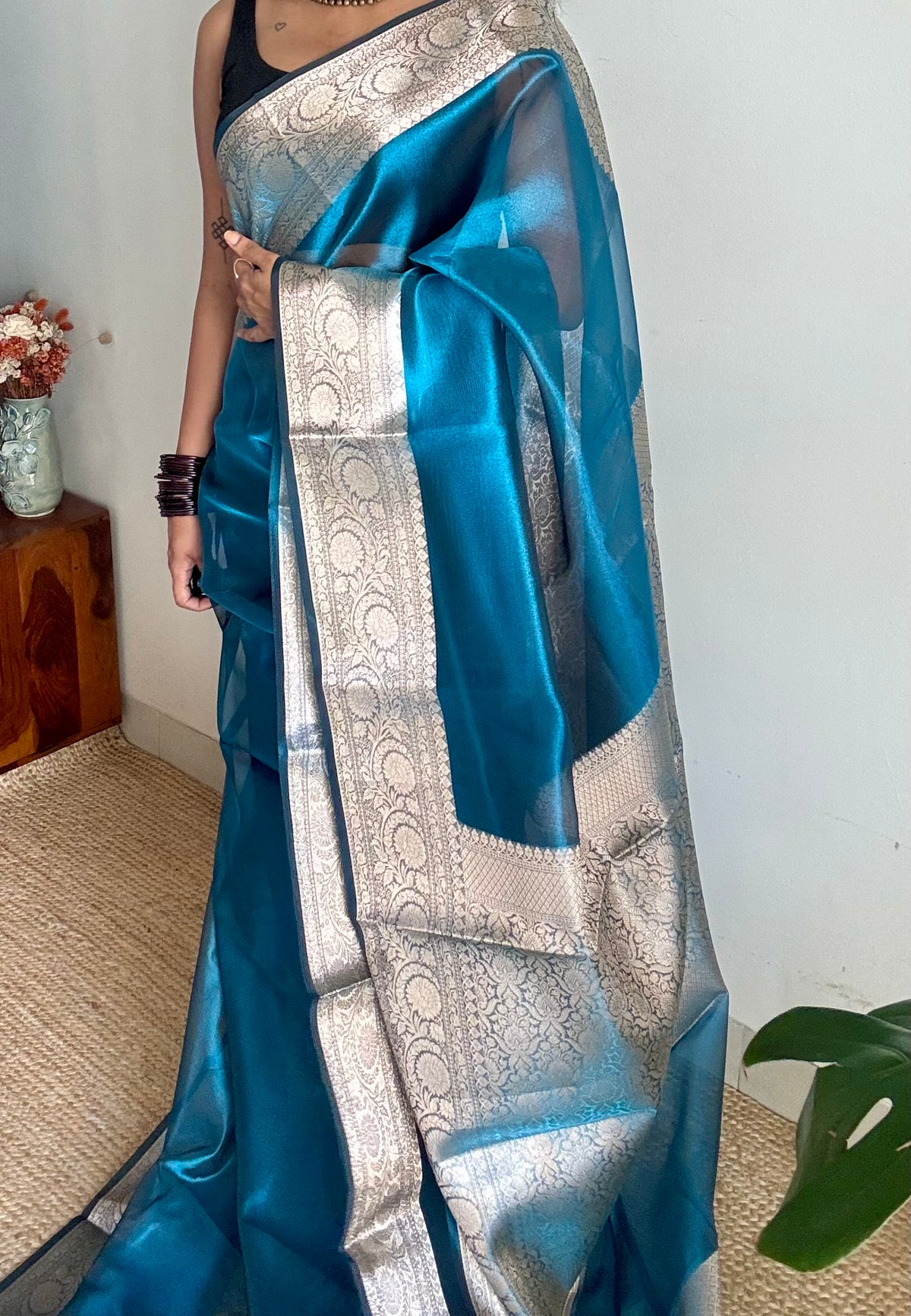 Peacock blue tissue Banarasi saree with zari border - YCBLTOC86