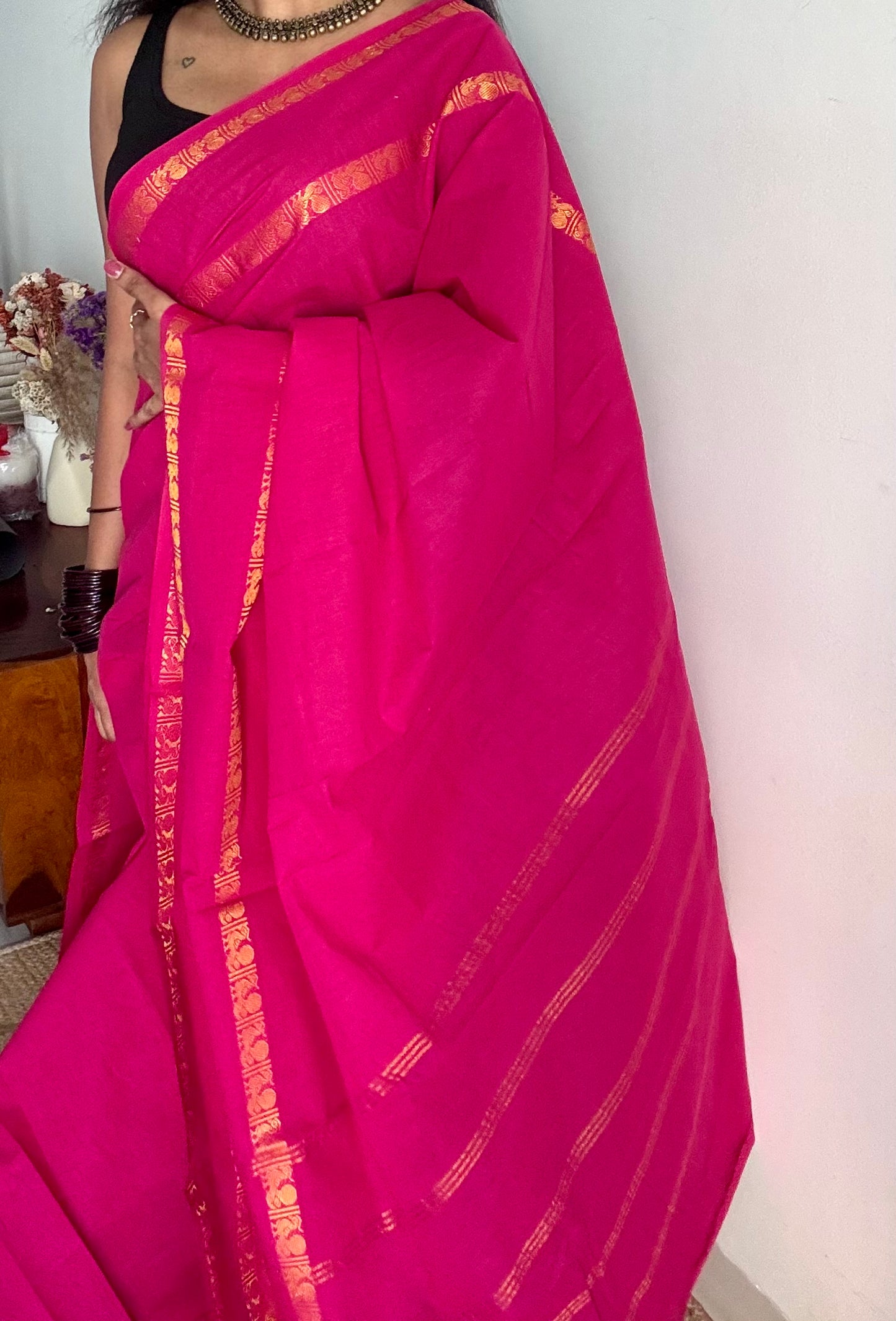 Hot pink rettaipettu peacock gap border, kattuchayam dyed madurai cotton saree  - YCCOTNMSAP101