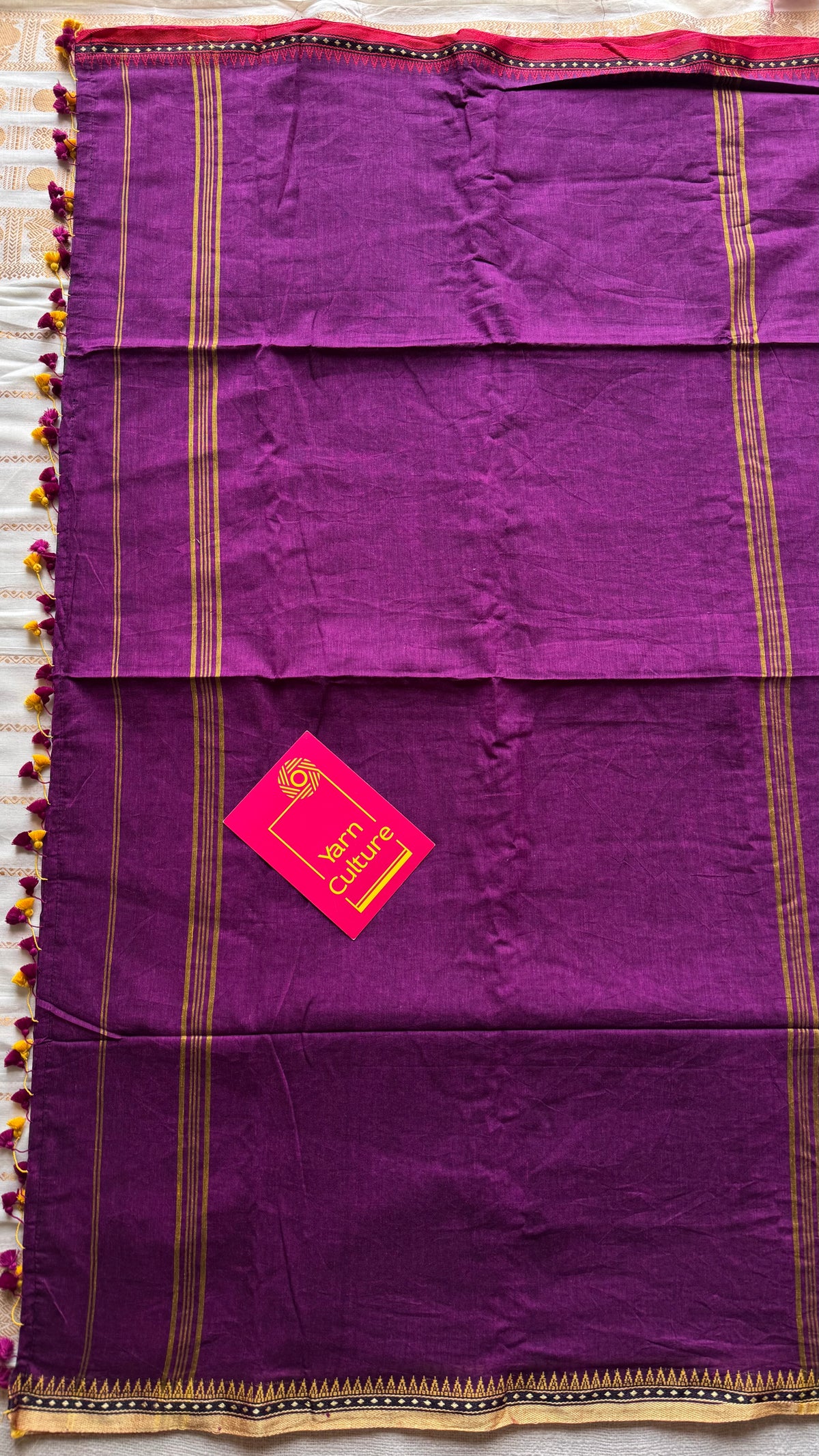 Handloom Bengal soft cotton saree, purple pink with cream and red woven dual tone borders - YCBCMCSE40