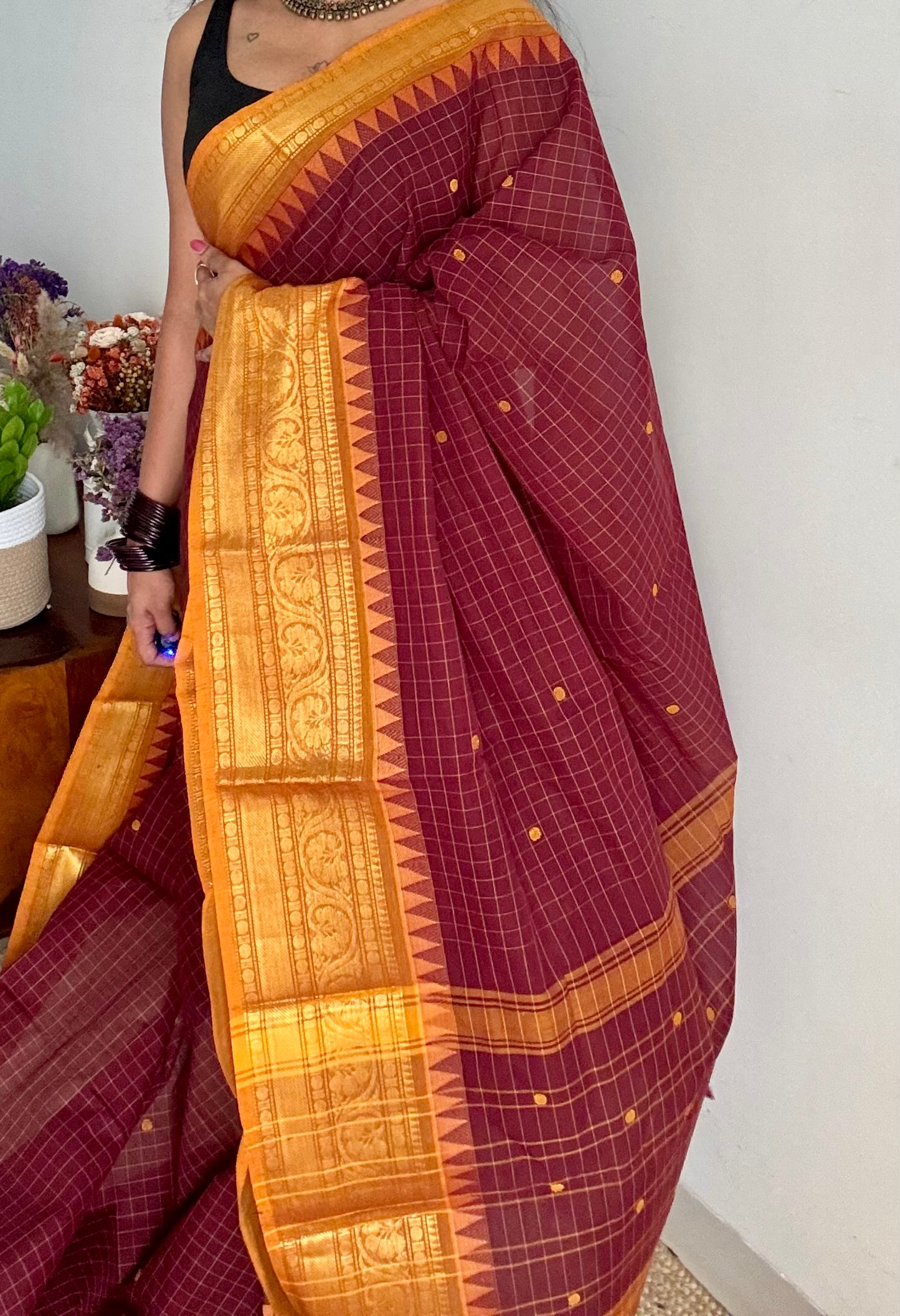 Kanchi cotton saree, maroon checks with yellow temple motif border - YCCOTNAP79