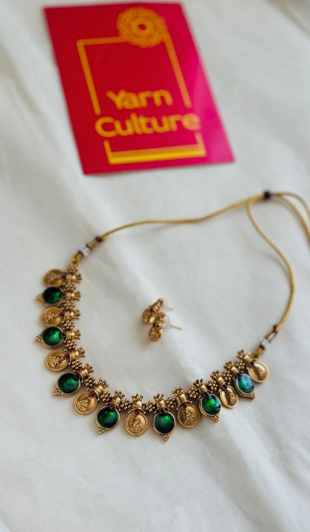 Coin necklace with green pendants, with earrings - YCGPNP773