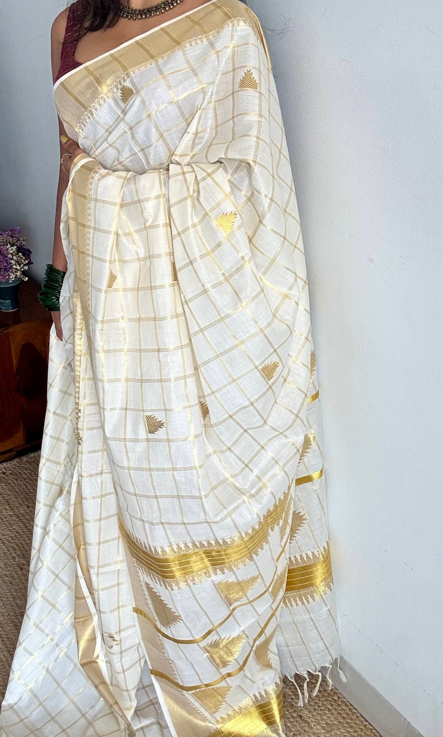 Ivory Kerala cotton saree with checks and gold jacquard motifs - YCIEKCFE319