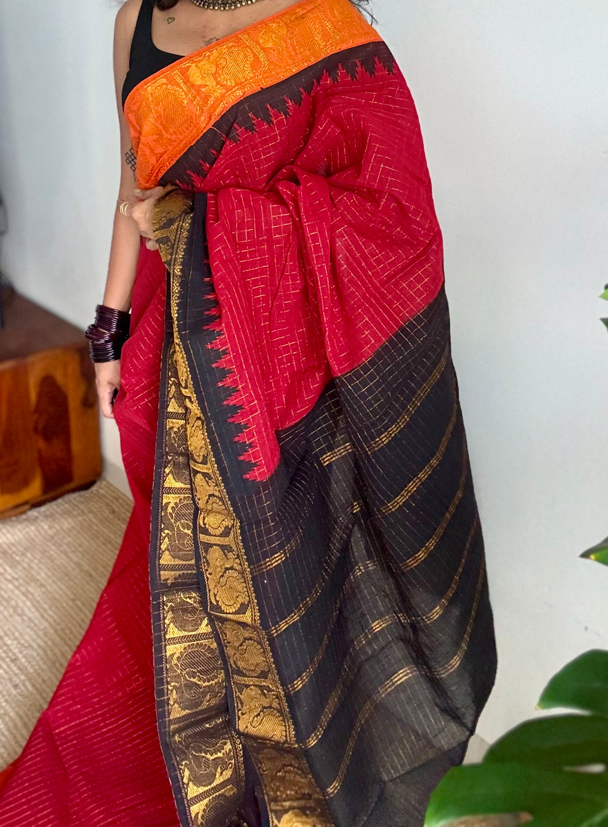 Sungudi cotton checks, red base, orange and black dual tone border, soft cotton - YCCOTNMSSE11