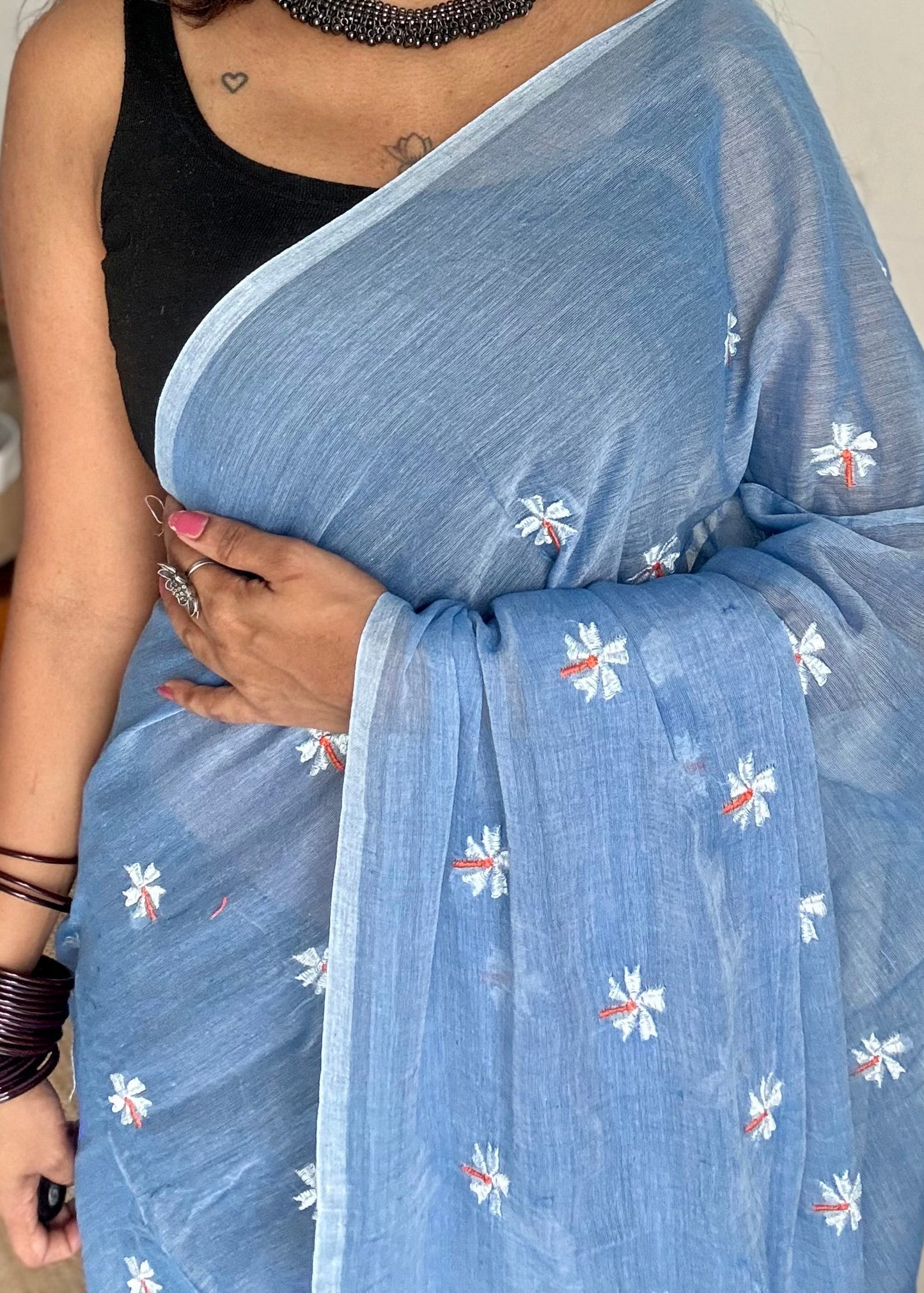 Soft blue parijat mul cotton saree  - YCBCMCAP30