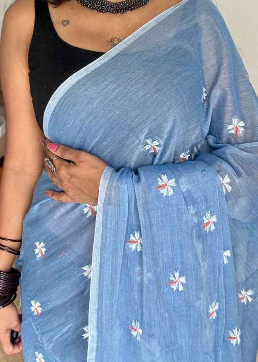 Soft blue parijat mul cotton saree  - YCBCMCAP30