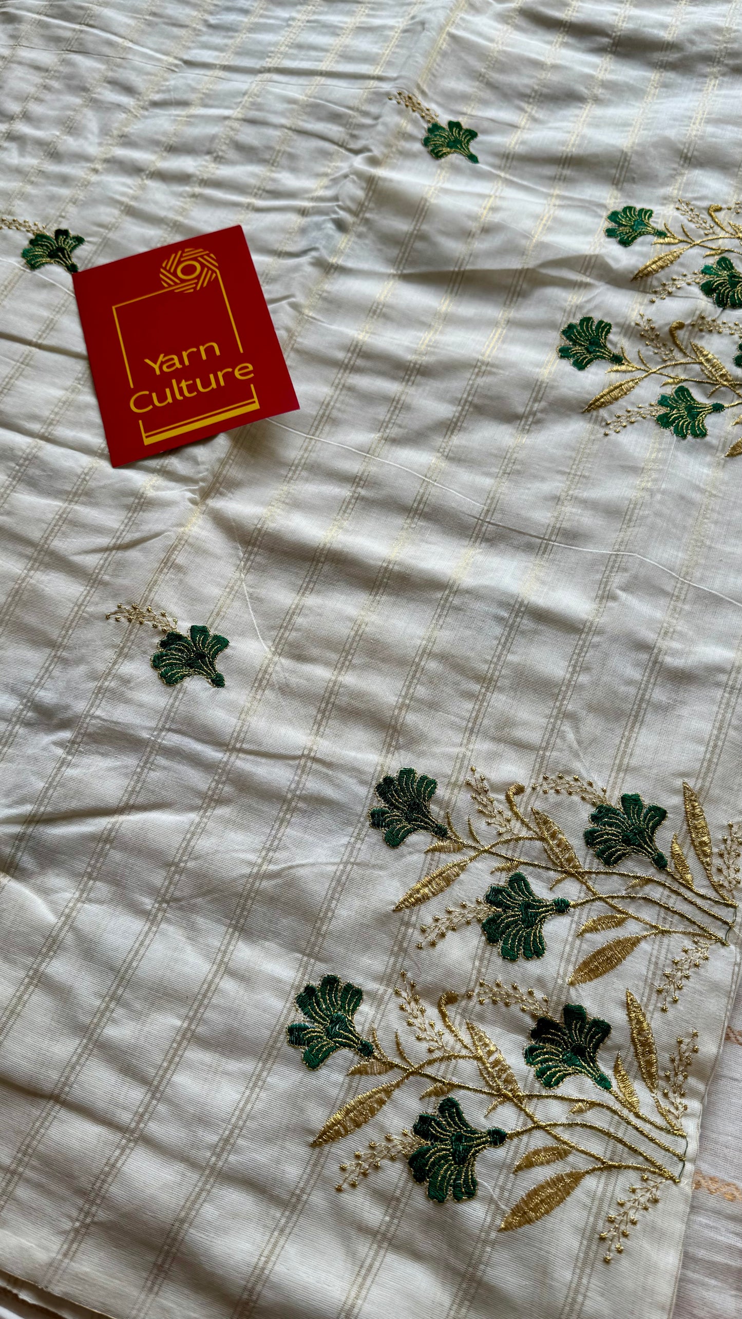 Ivory and gold soft cotton saree, dark green floral embroidery  - YCIEON51