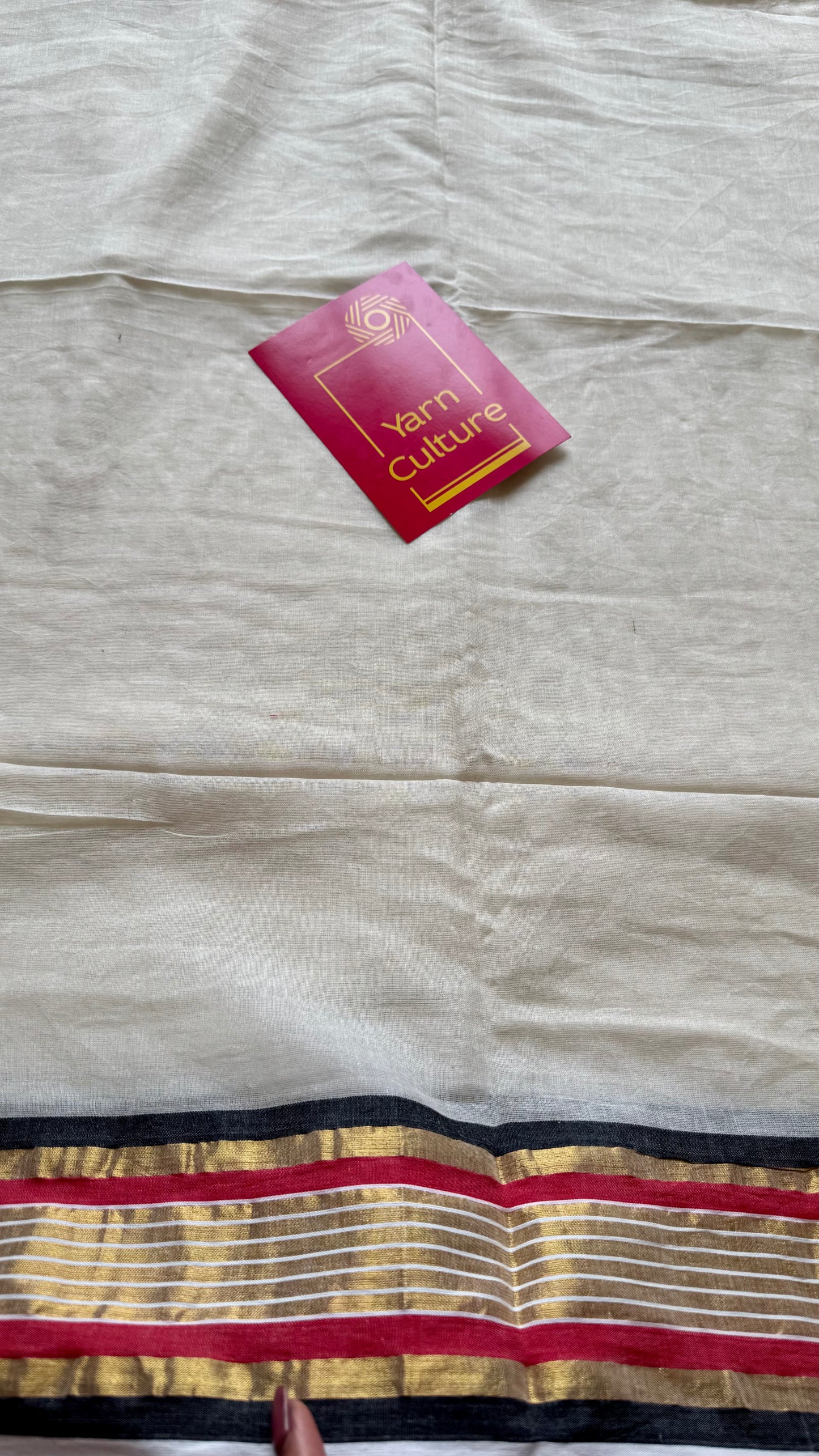 Ivory mul saree, red, black and gold striped border - YCIEON15