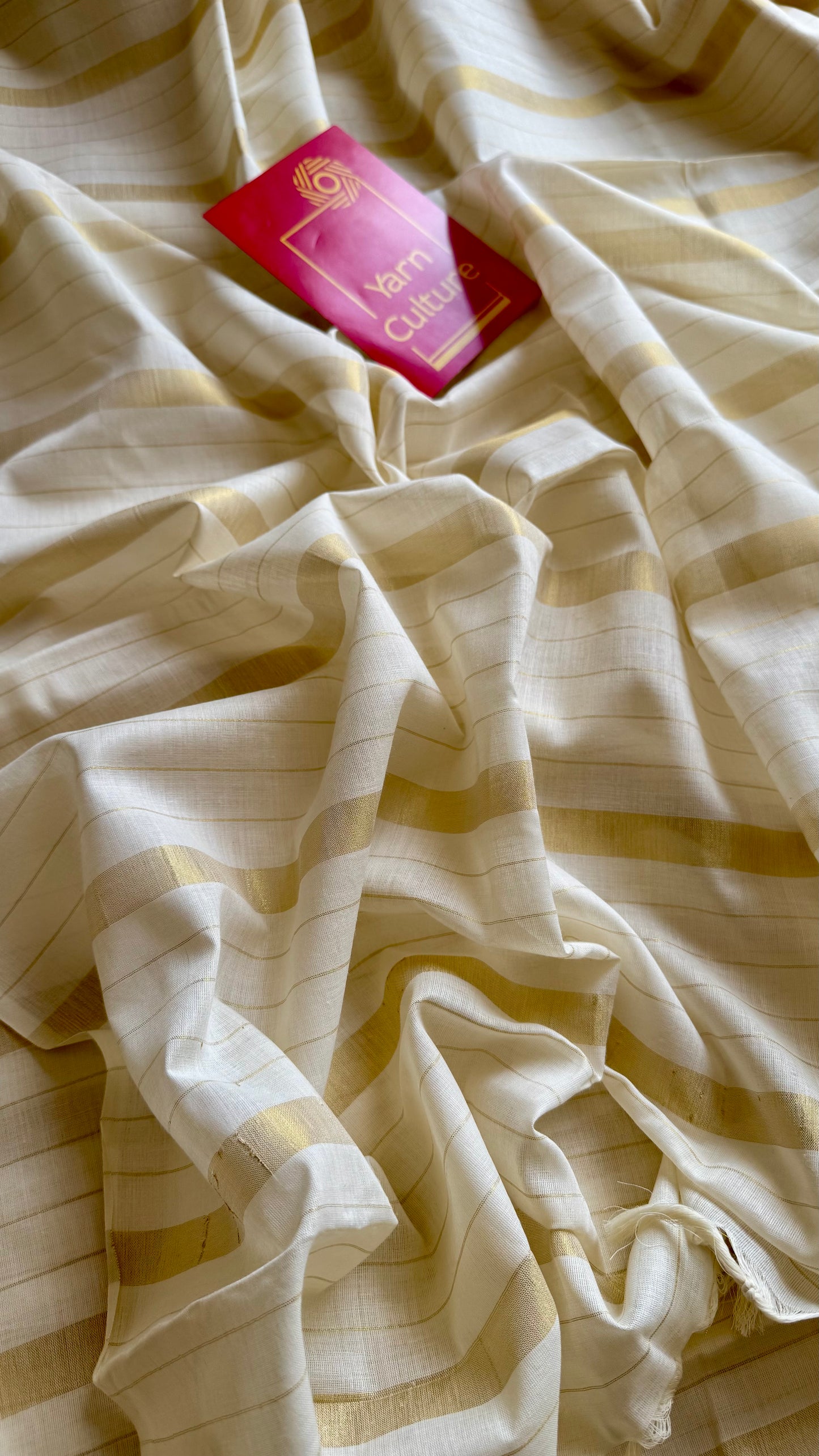 Ivory and gold kerala saree with gold stripes - YCIEON44