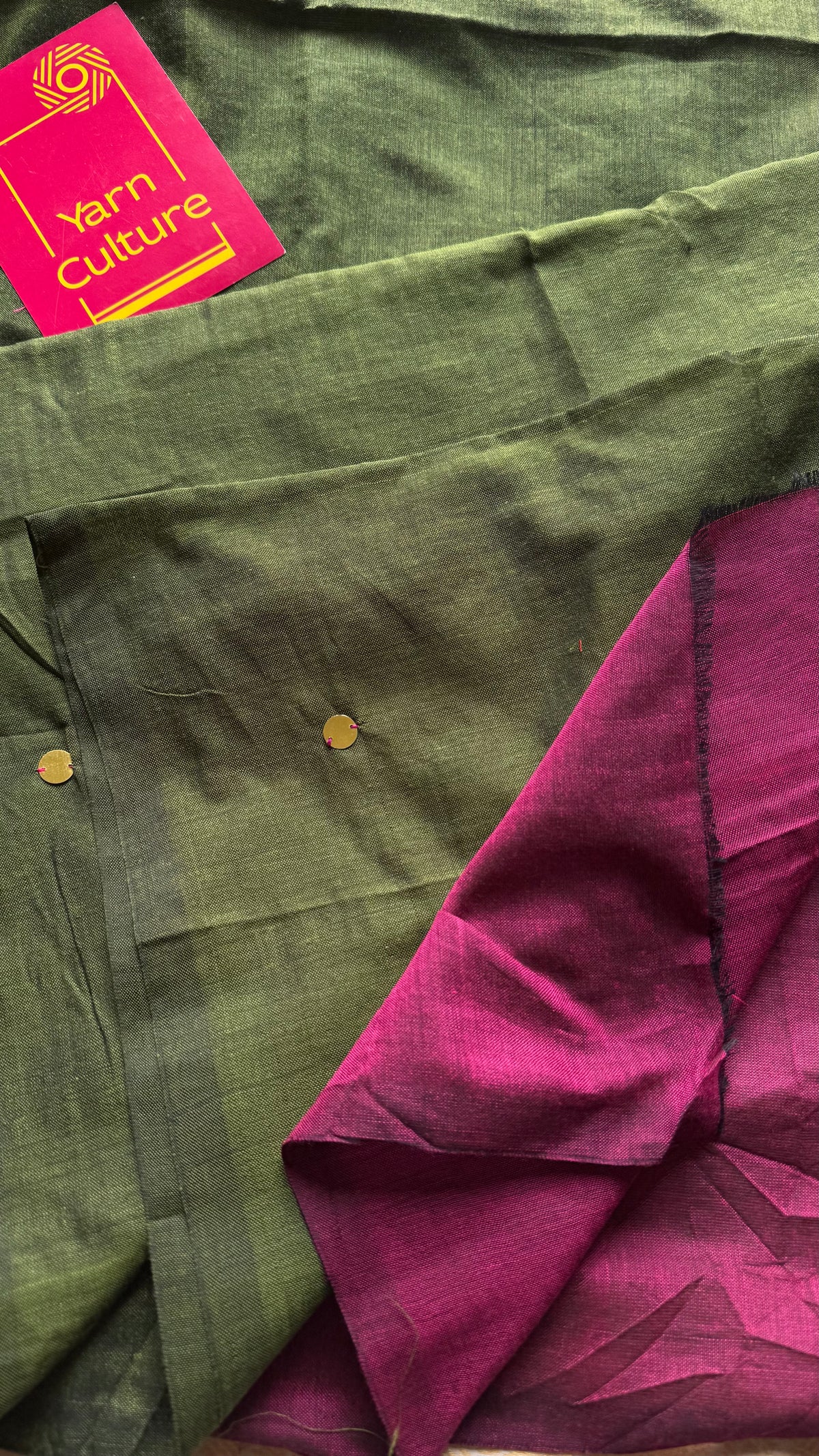 Olive green with ruby contrast pallu, gini sequins, soft cotton saree - YCBCSCOC07
