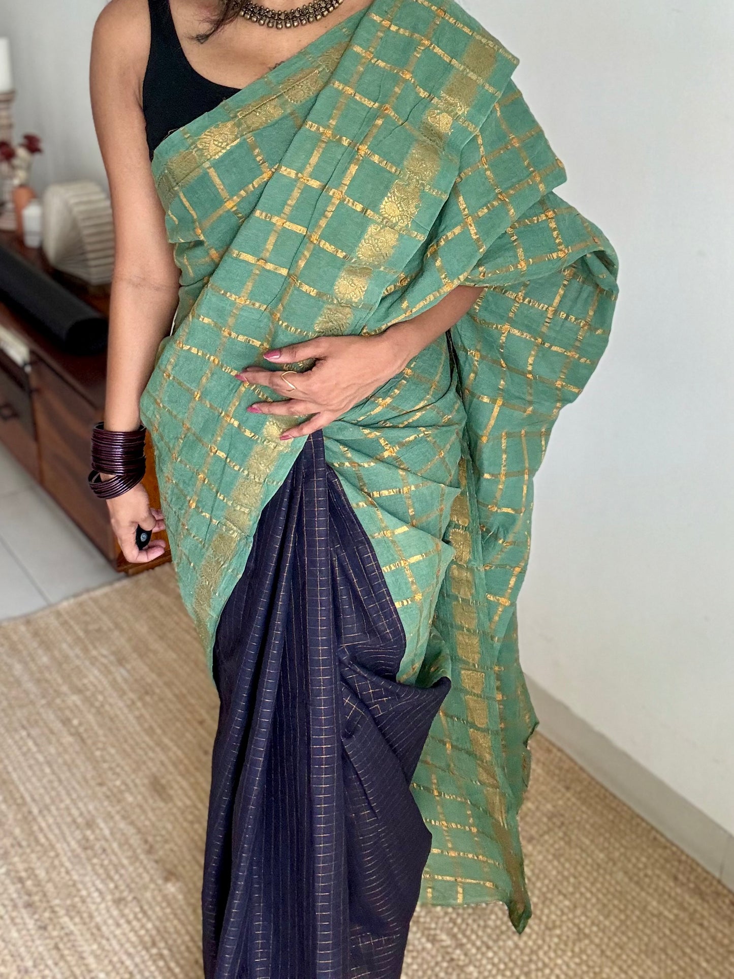 Mint green with black, sungudi cotton half-half saree - YCCOTNIDMA293