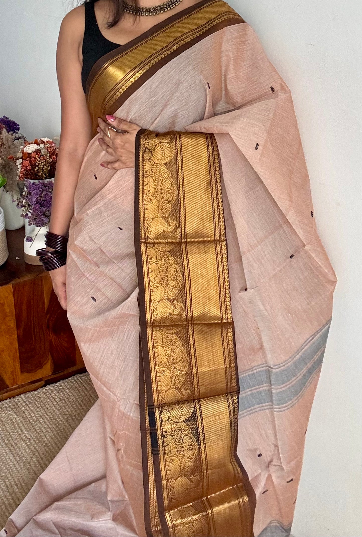 Kanchi cotton saree,dark beige with brown gold zari border - YCCOTNAP82