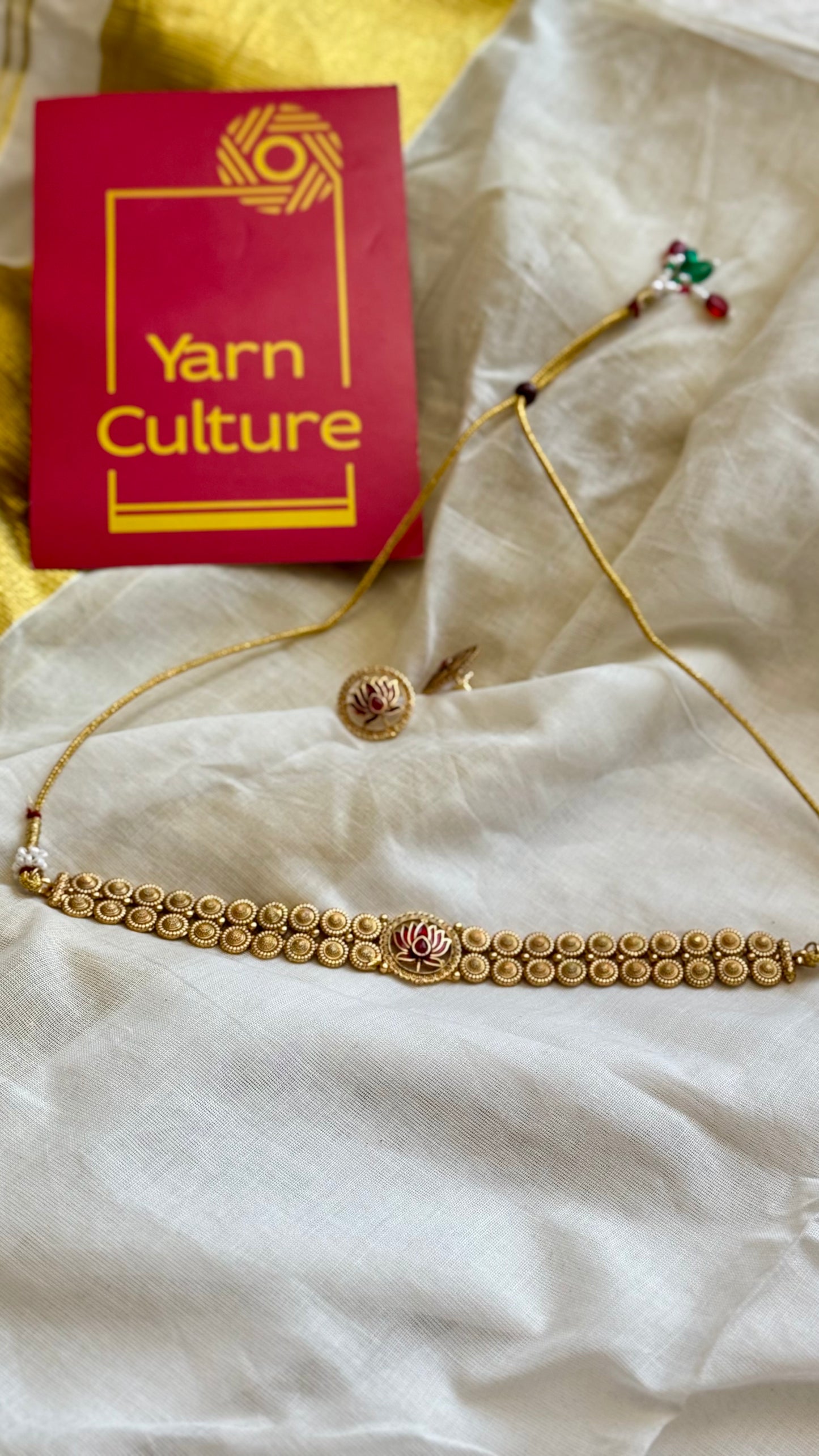 Double layered coin neckpiece with red lotus pendant, with earrings - YCGPNP624