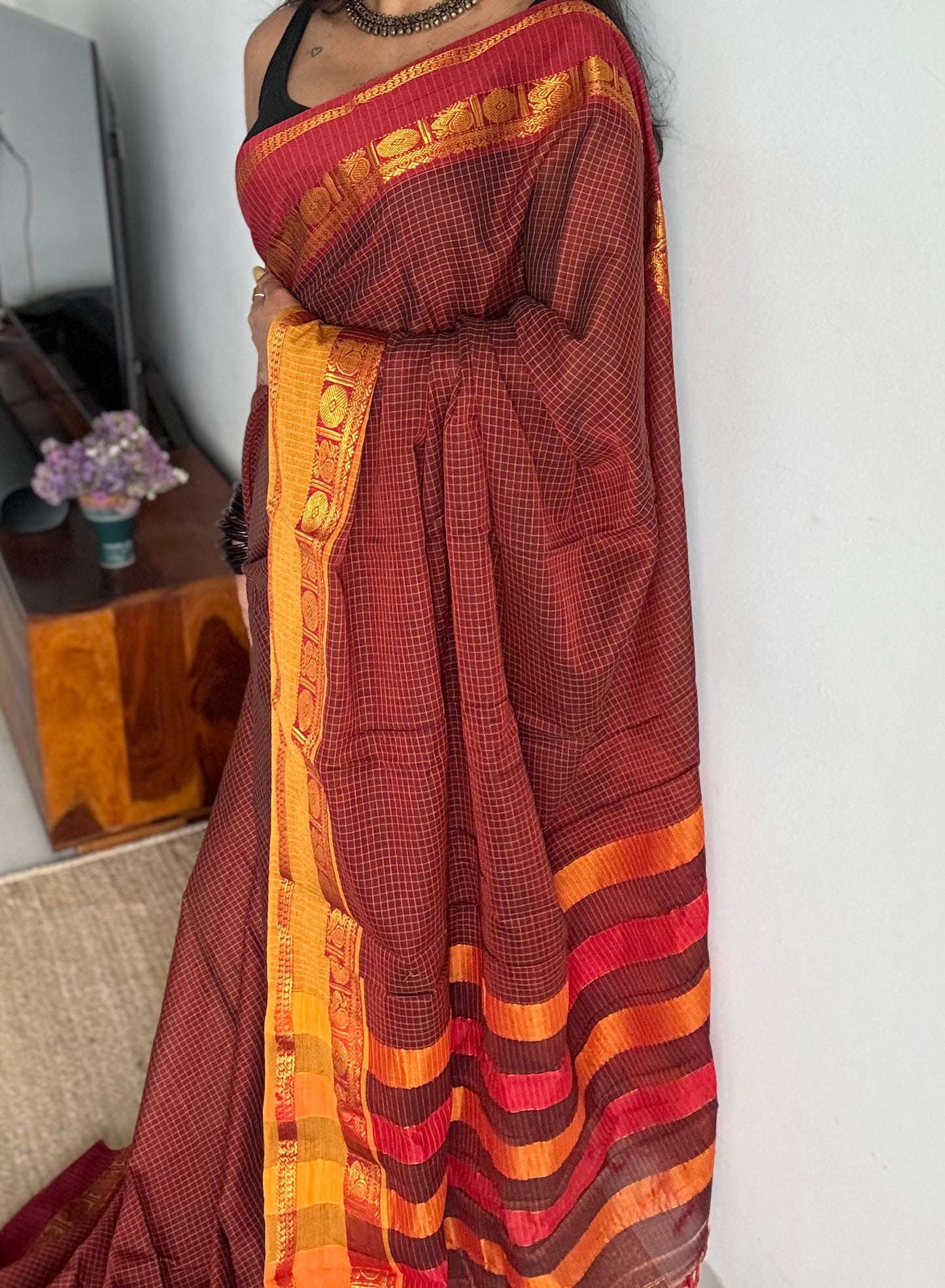 Maroon checks with red and yellow ganga jamuna borders, premium narayanpet soft cotton - YCWOTDNPJA157