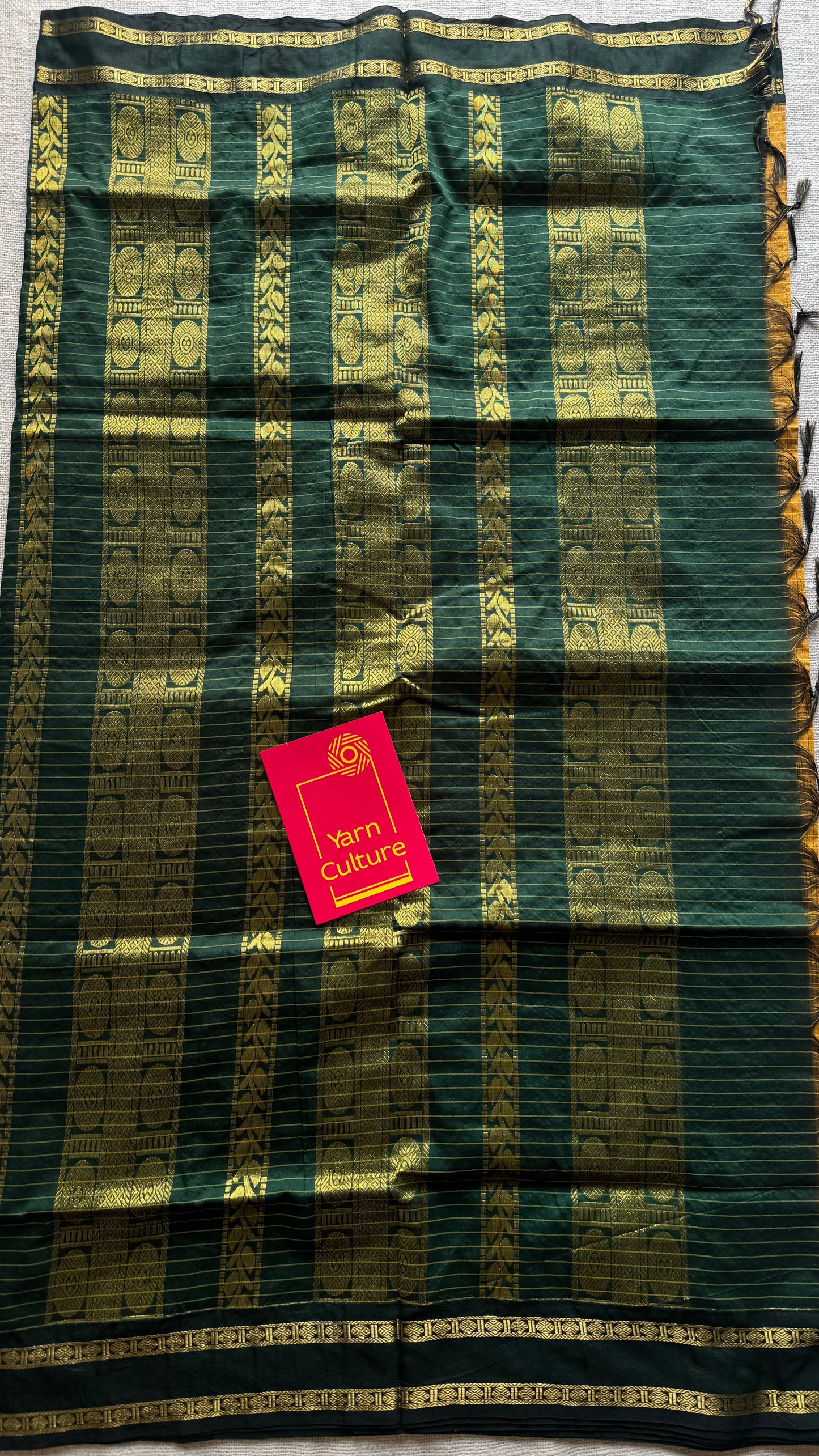 Mustard yellow with dark green contrast arani checkered saree, cotton silk - YCCOTNKCFE70