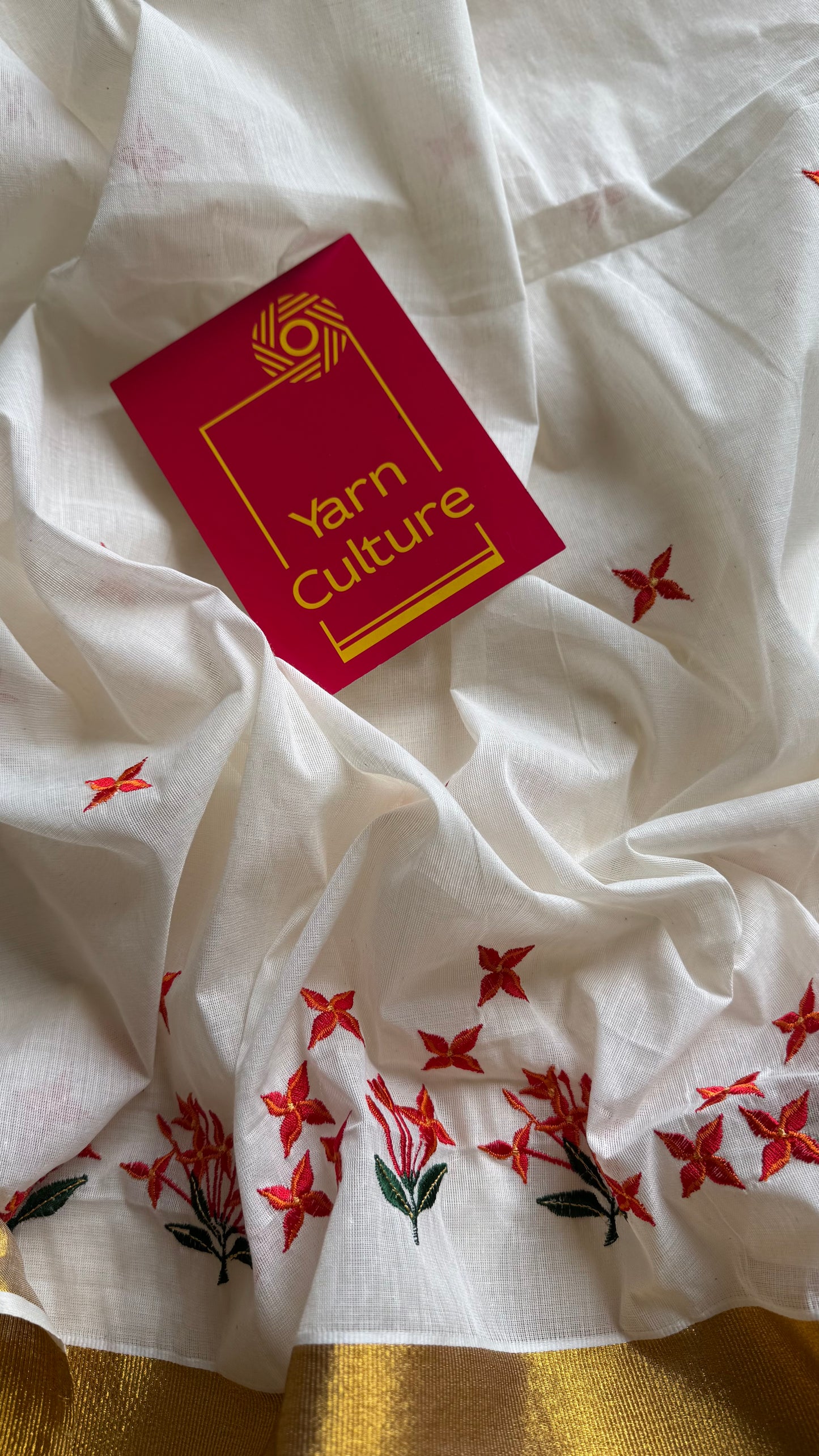 Nandana : Chethi/Thechi - orange red floral embroidery, ivory & gold, soft cotton - YCIEON165