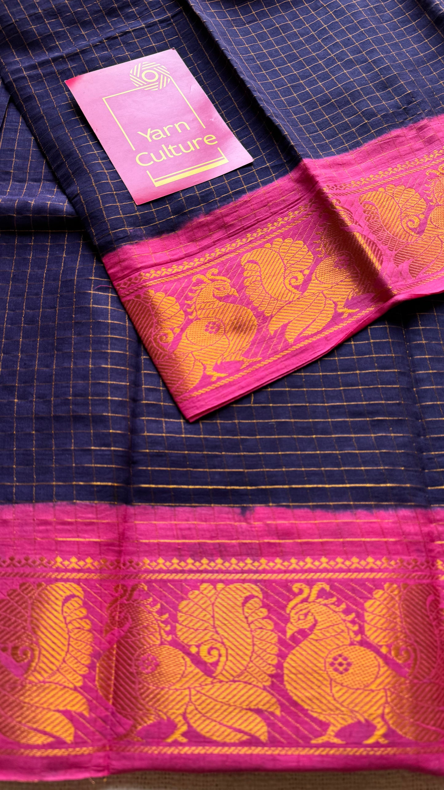 Navy blue with pink contrast, zari checkered sungudi, kattuchayam dyed madurai cotton - YCCOTNMSFE331