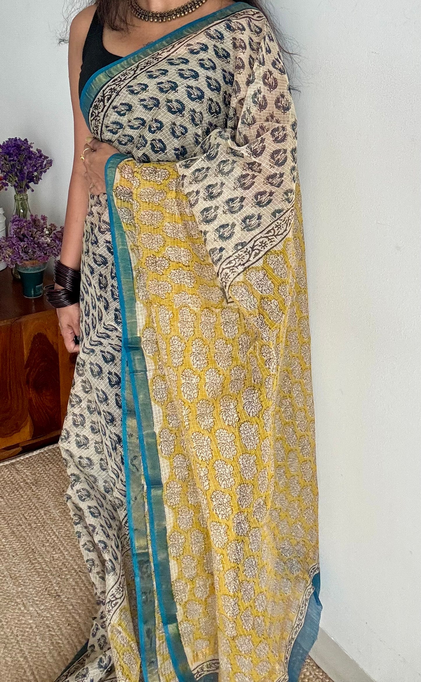 Pina Colada - Ivory with yellow kota doria saree, with gold zari border - YCTORKDAP12