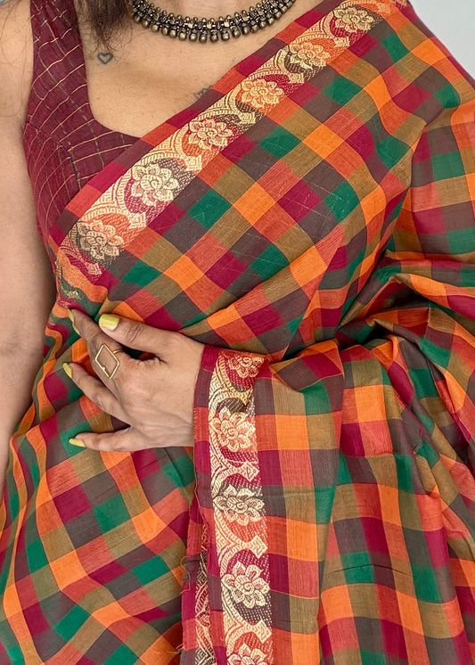 Multicolour Chettinad cotton saree with Paalum Pazhamum checks (Orange, Maroon, Green) - YCCOTNCCFE150