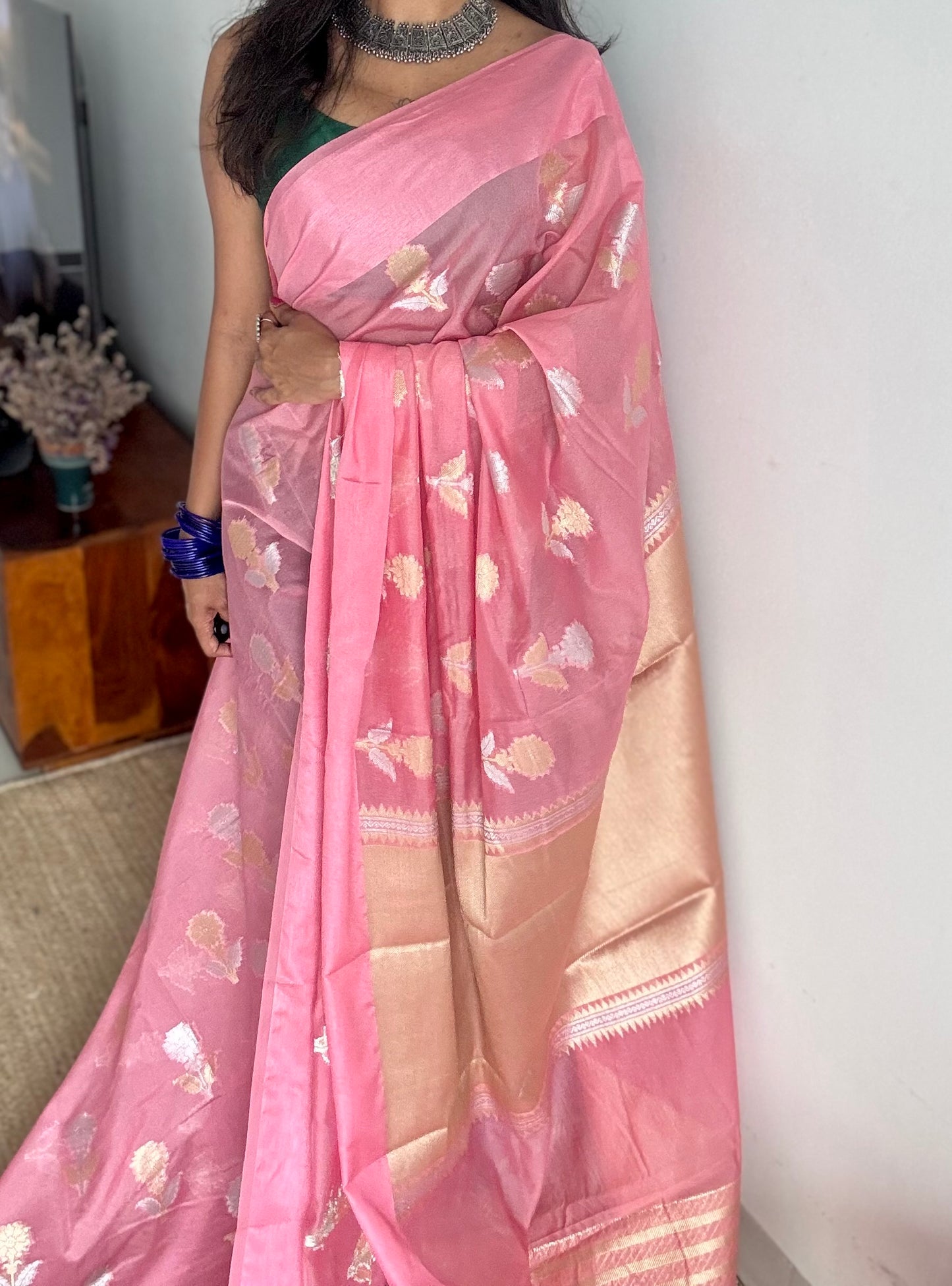 Pink with gold and silver floral buttas, Banarasi semi-crepe silk - YCDESE47