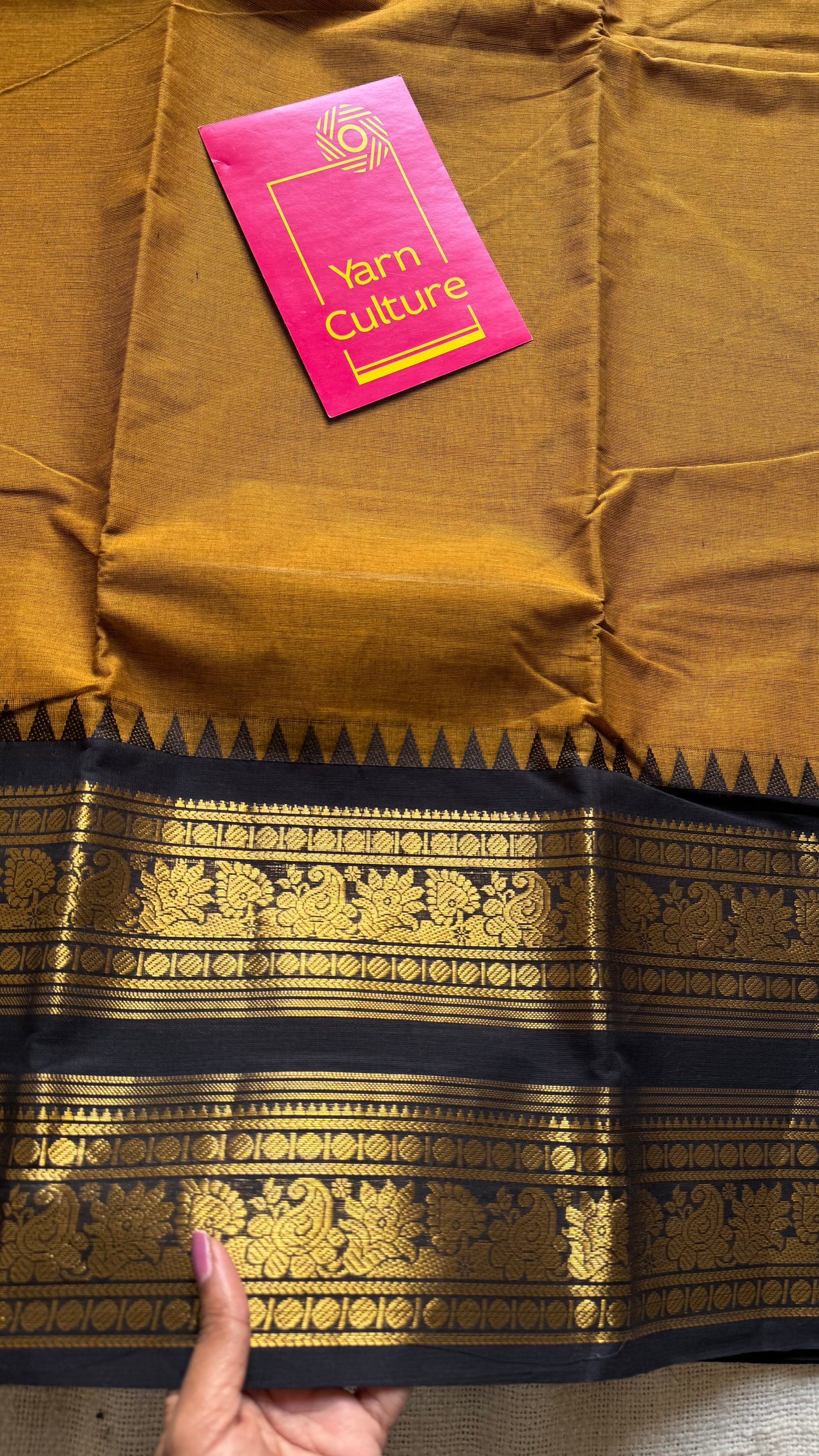 Mustard yellow with black, wide zari border, kanchi cotton - YCCOTNKCJA212