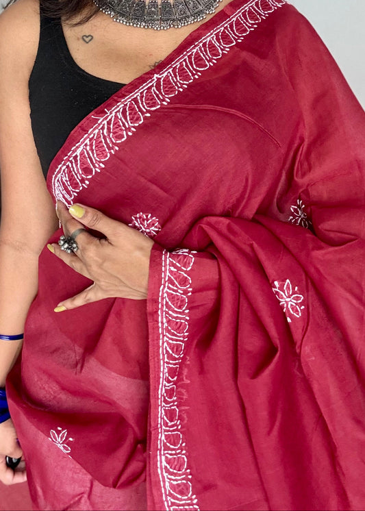 maroon chikankari cotton saree