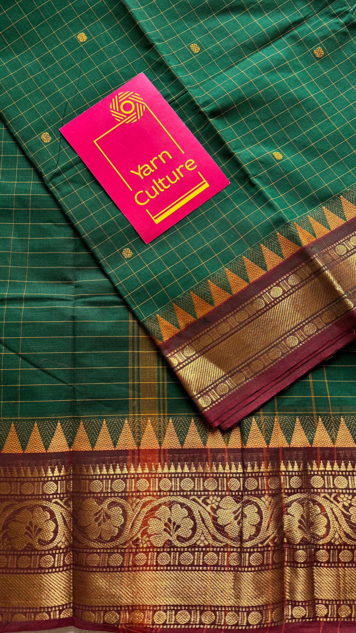 Kanchi cotton saree, green checks with maroon temple motif border - YCCOTNAP78