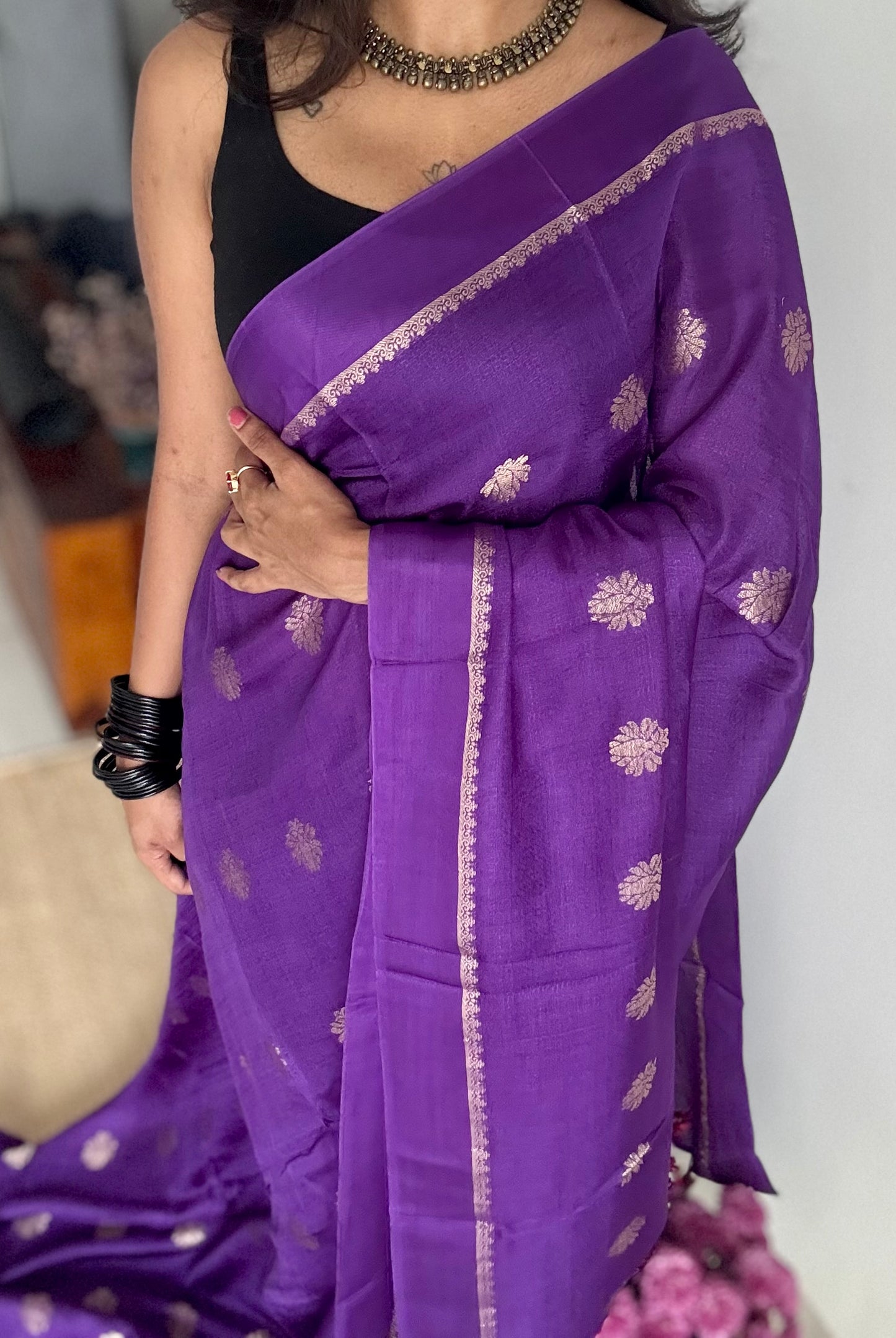 Deep purple in khadi silk, zari motifs - YCDOSFE17