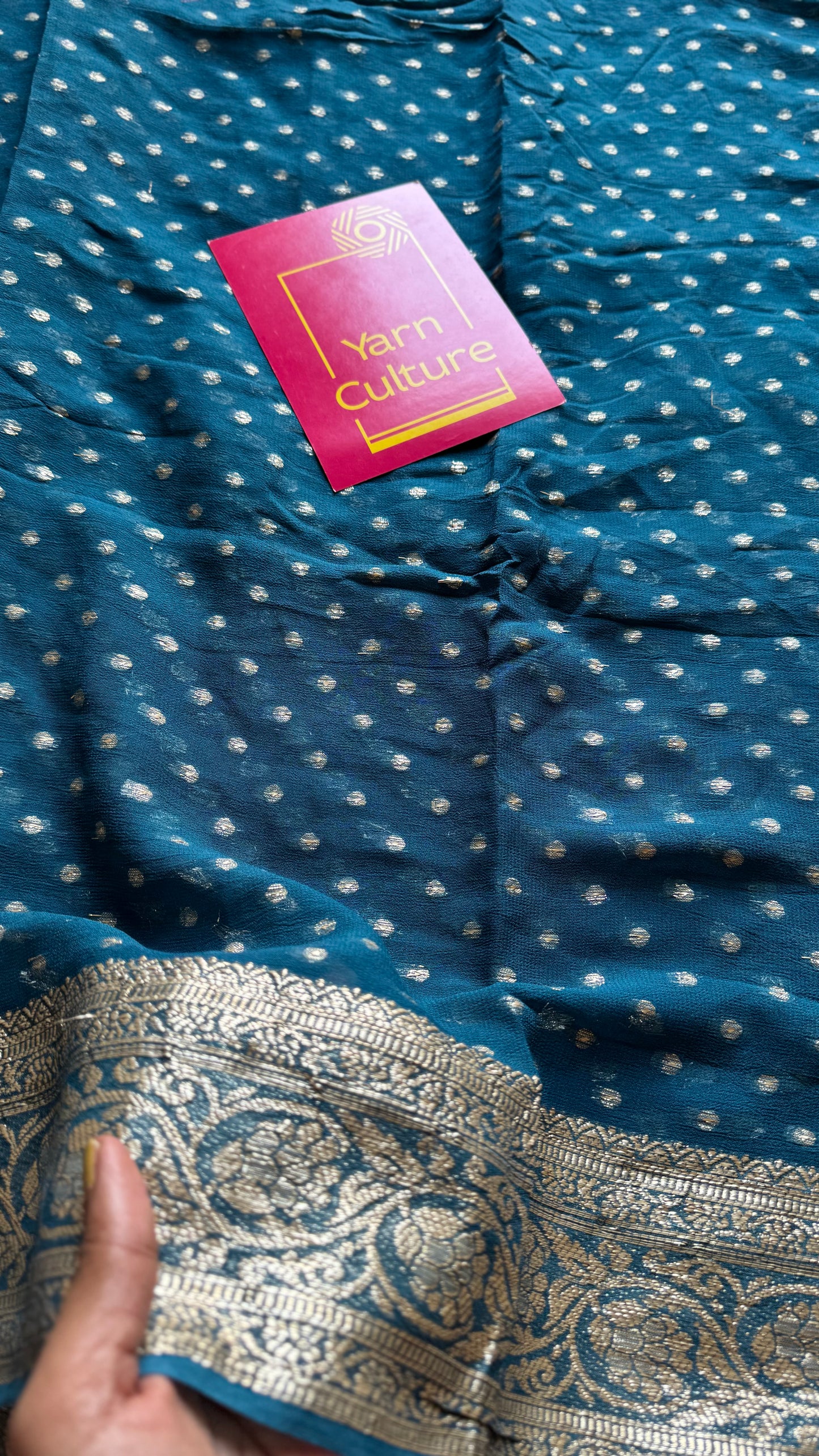 Peacock blue viscose georgette saree with zari motifs - YCDOSFE209