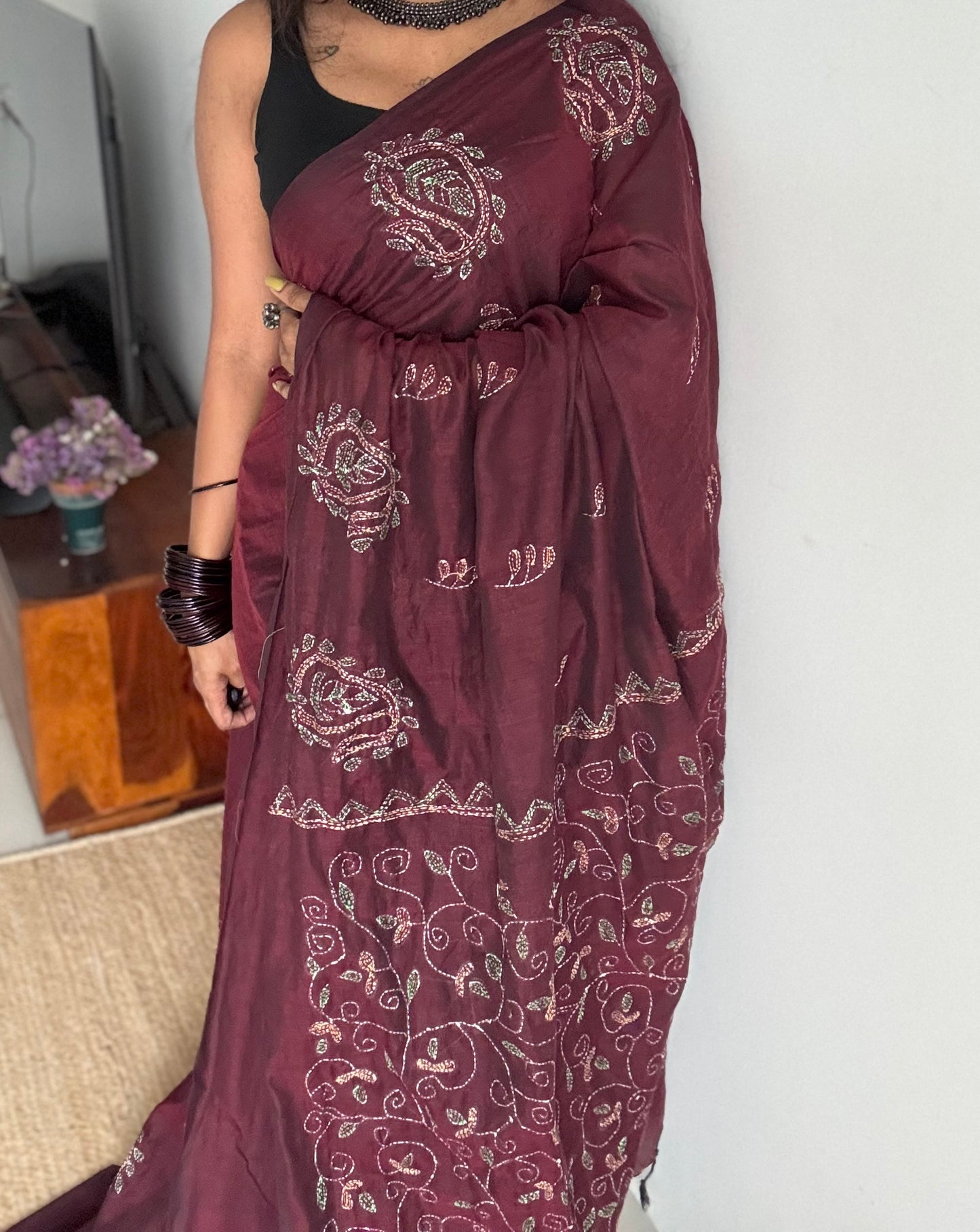 Embroidered maroon kantha weave in soft cotton - YCBCKKJA147