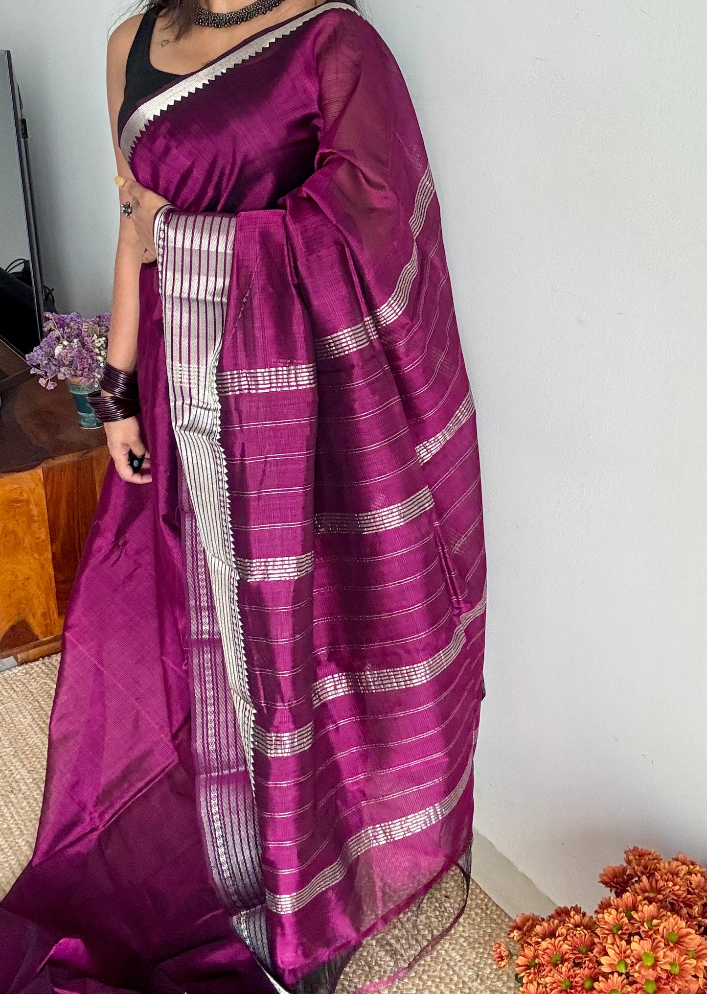 Purple pink with silver woven zari border, mangalgiri silk cotton, handwoven, soft, light weight- YCWOTDFEM406