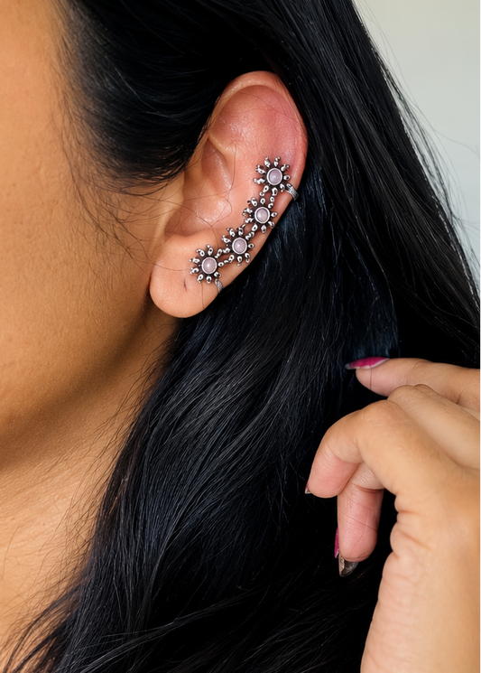Oxidised silver, pink stone floral patterned earcuff - YCOSEC709
